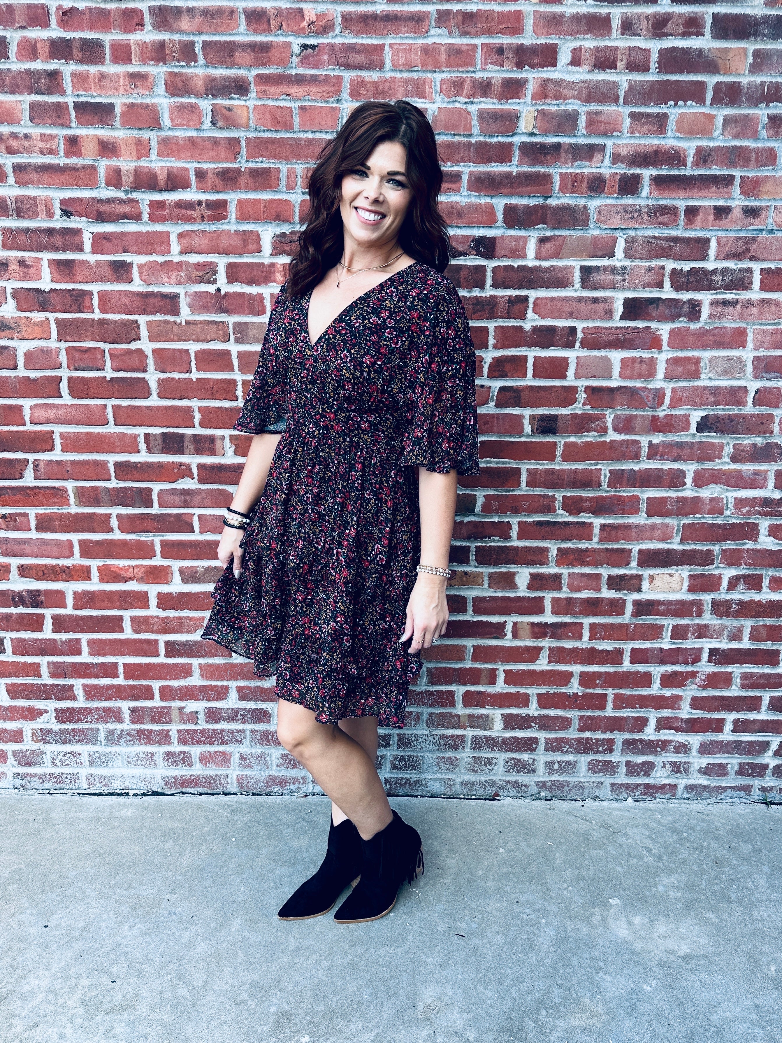 Black Floral Ruffle Dress