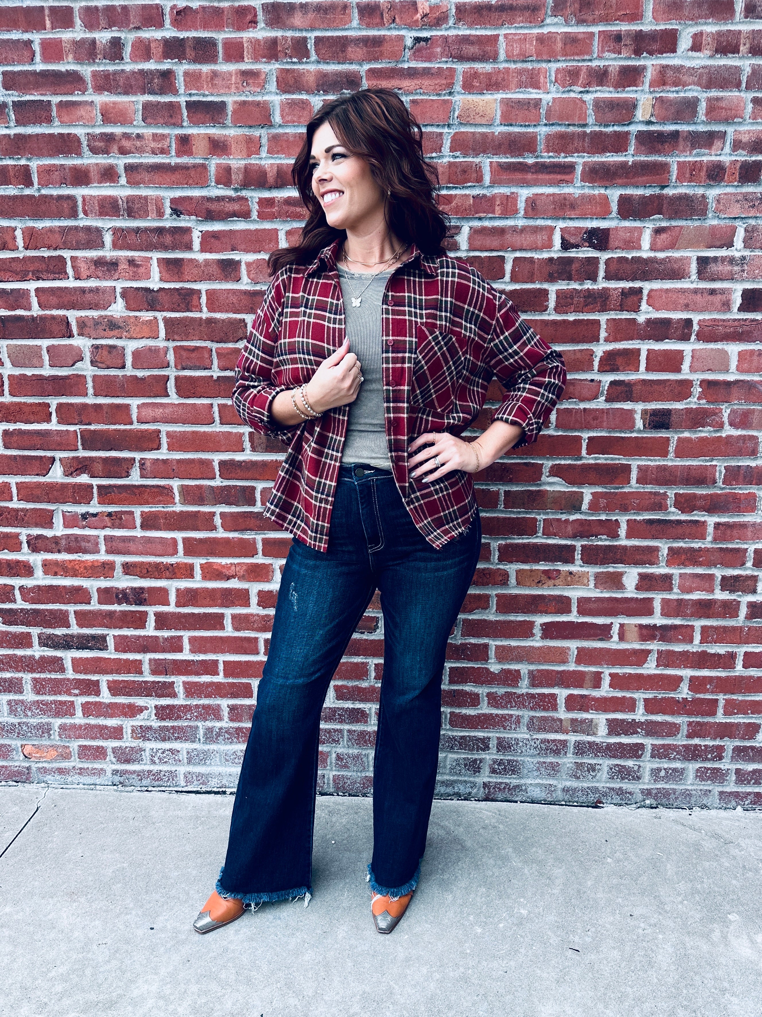 Berry Plaid Button Top