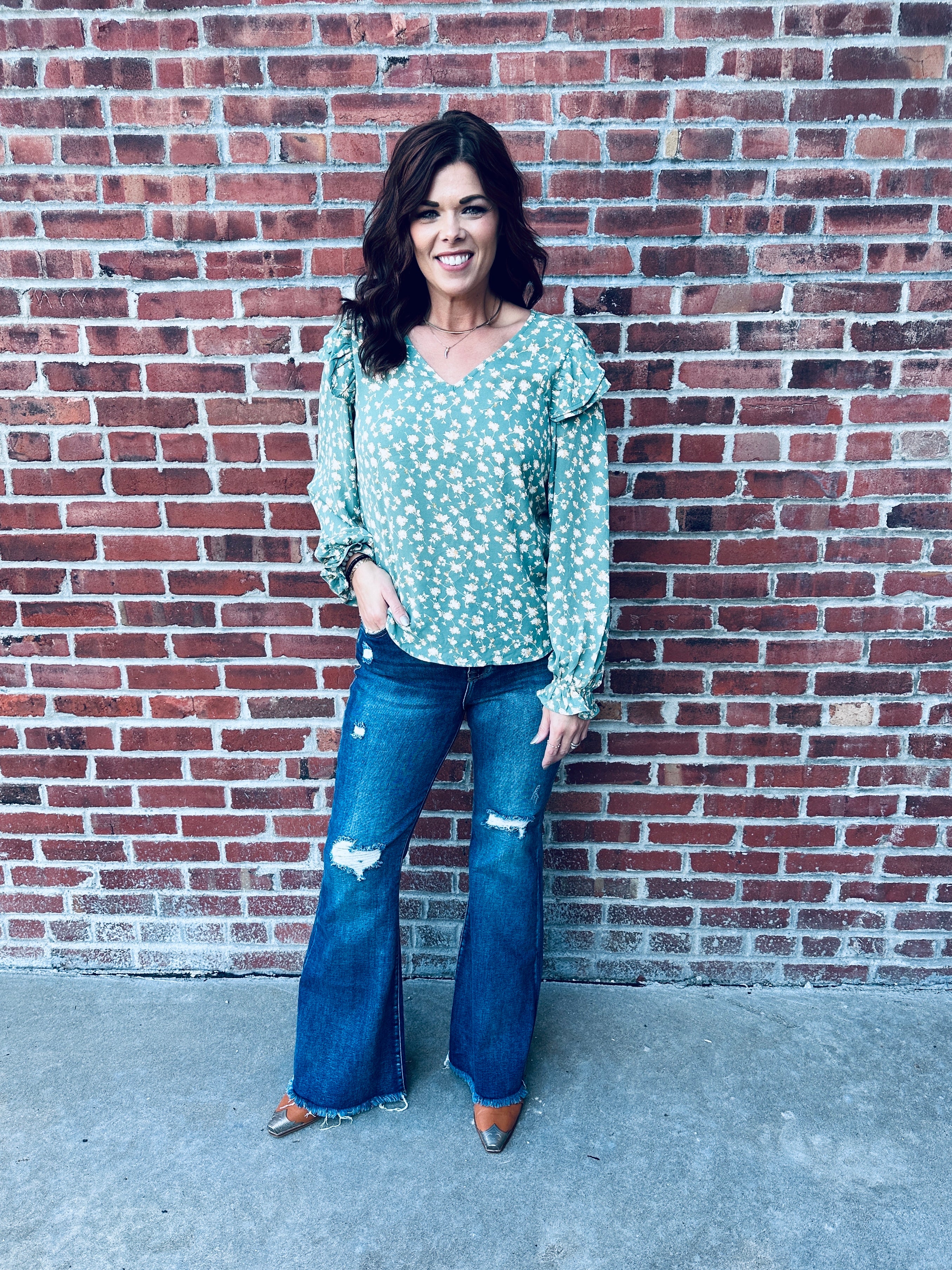 Sage Floral Ruffle Top