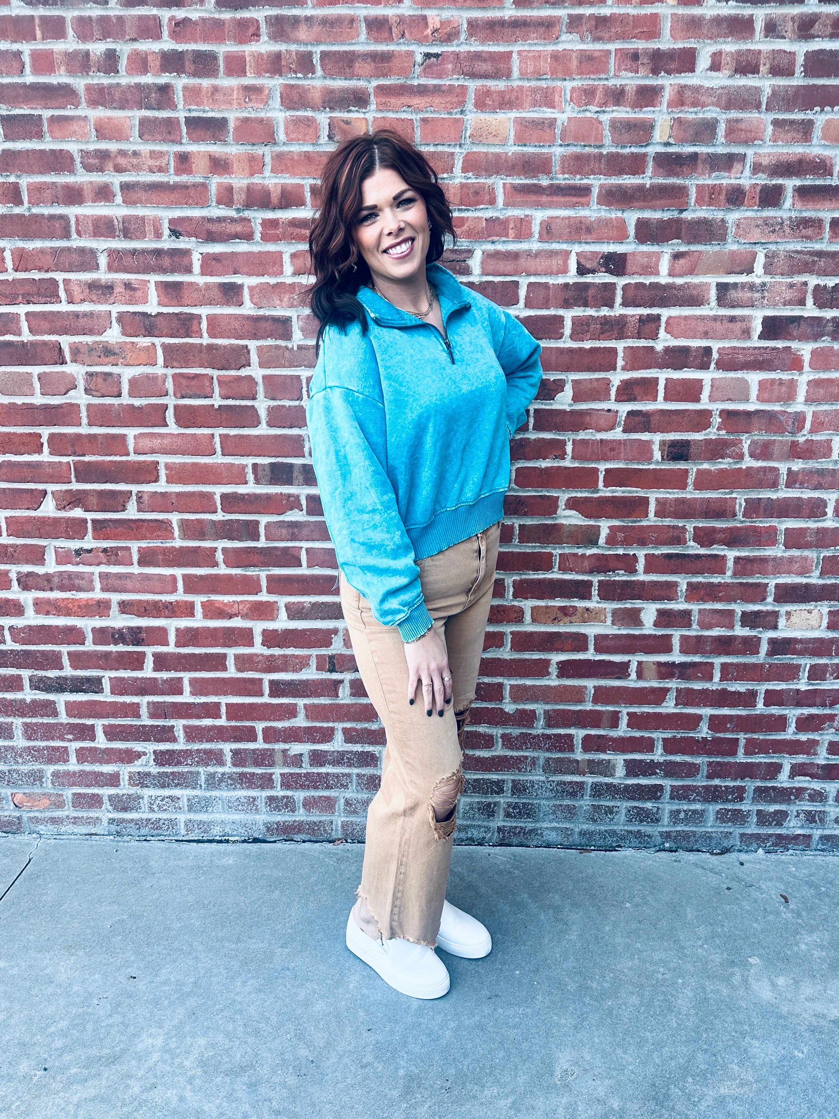 Teal Acid Wash Zip Pullover