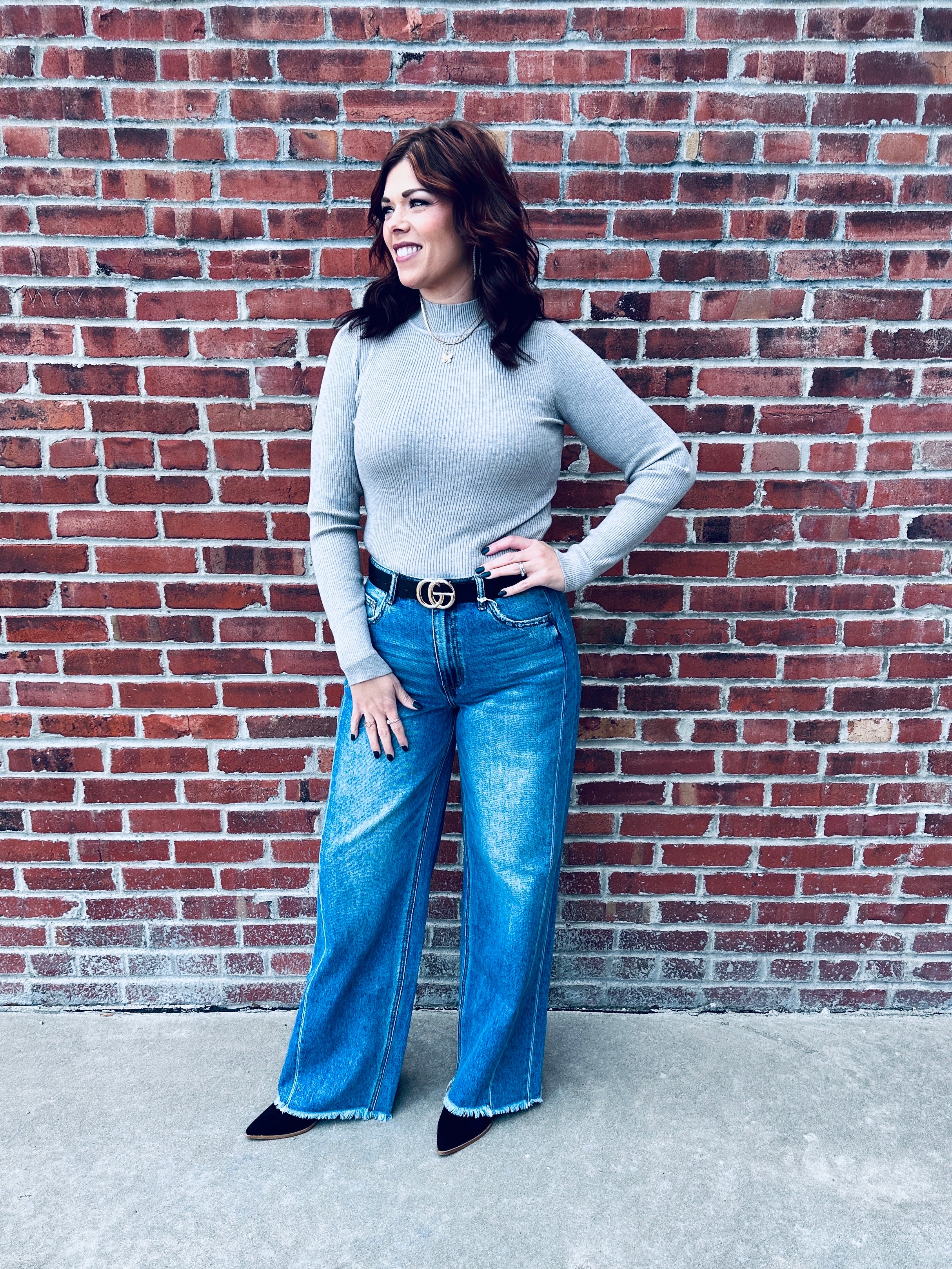 Grey Mock Neck Ribbed Sweater