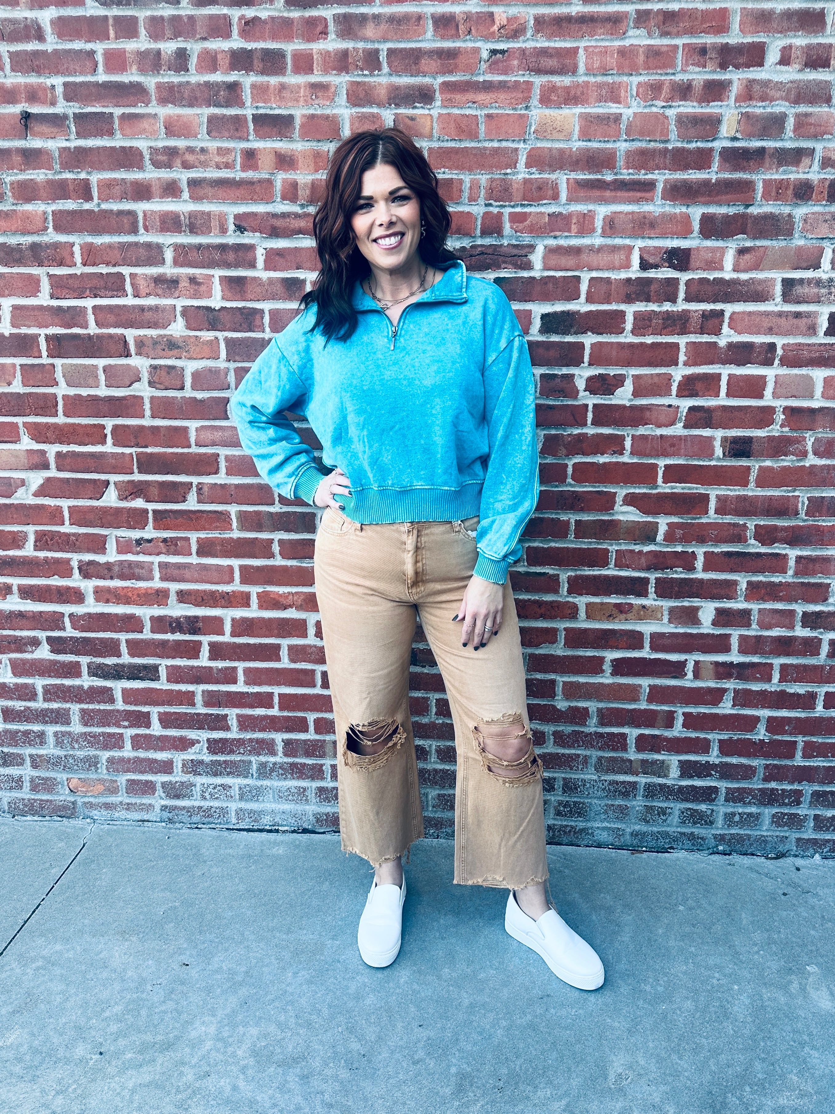 Teal Acid Wash Zip Pullover