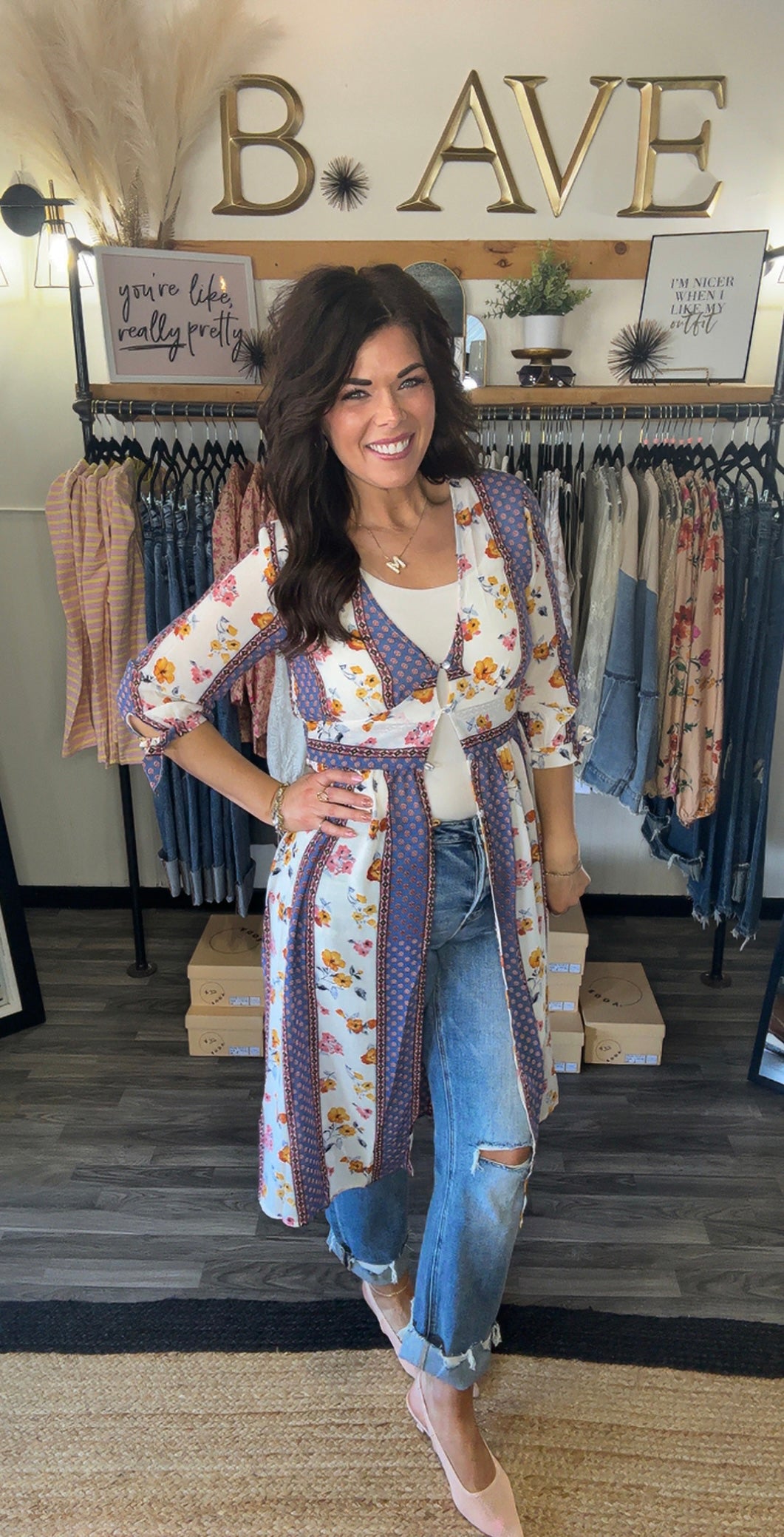 Ivory & Blue Floral Stripe Kimono Top