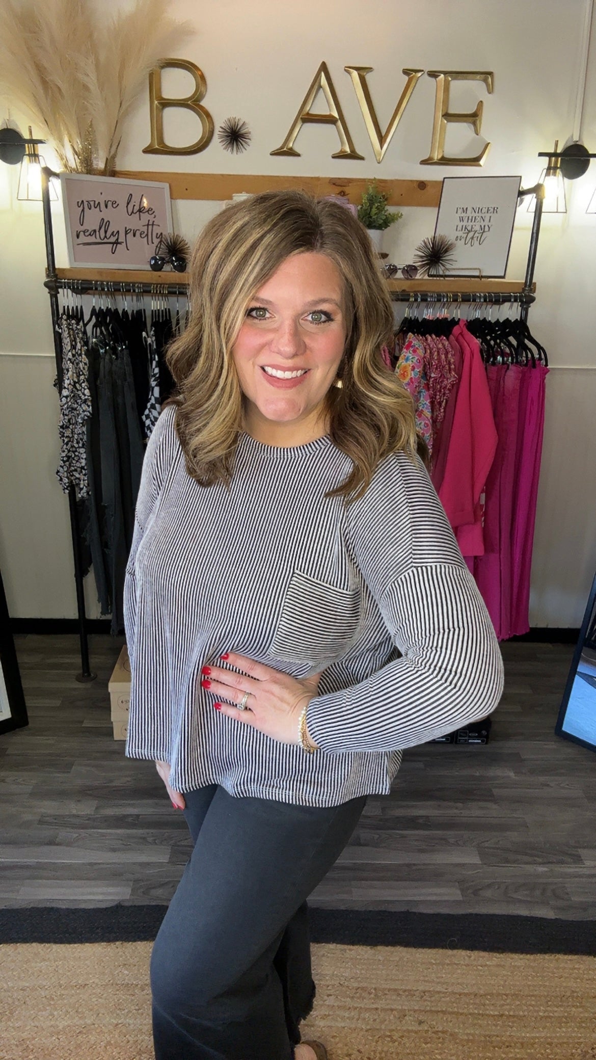 Black Ribbed Striped Long Sleeve Top