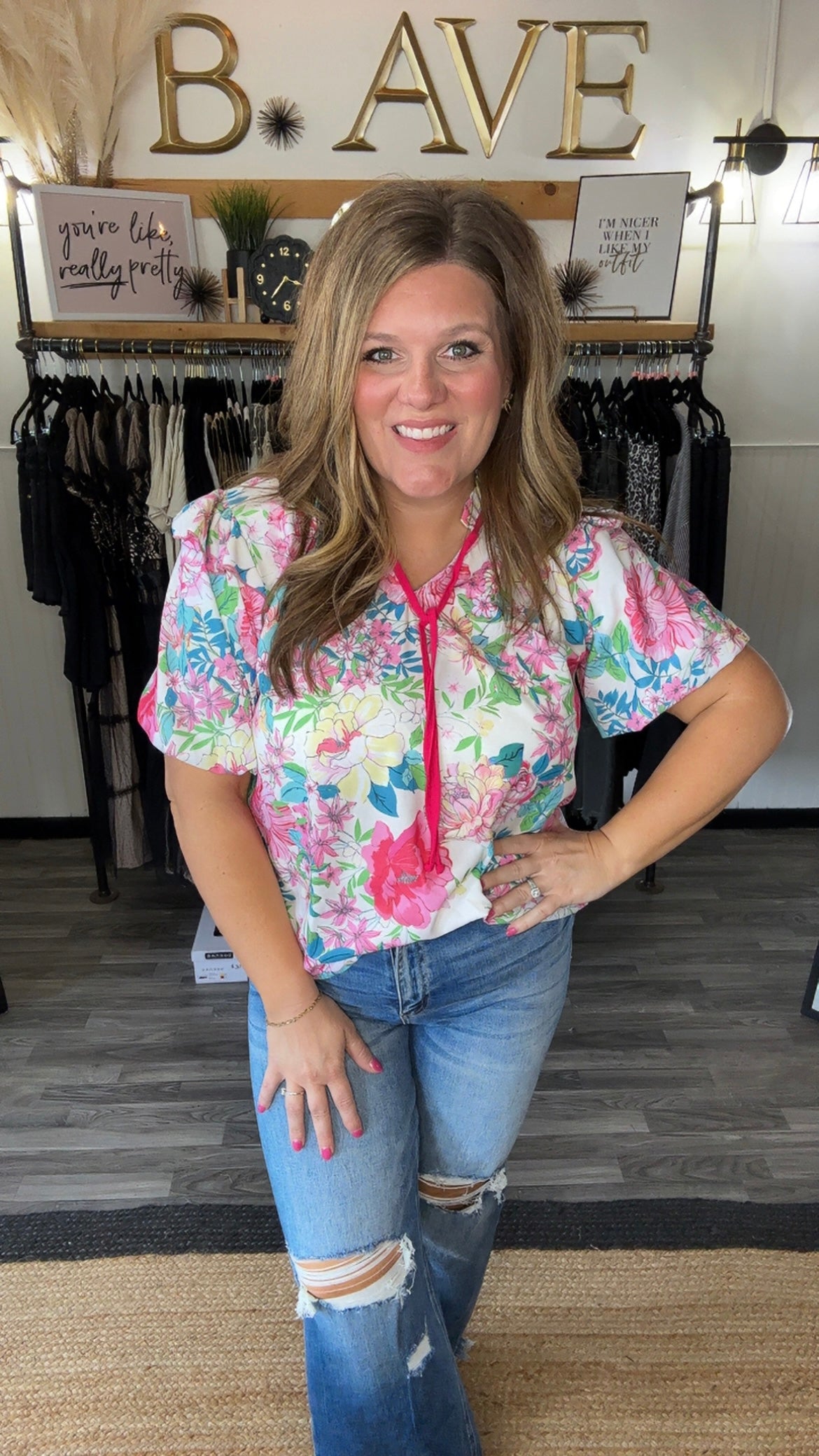 Ivory & Pink Floral Print Frill Top