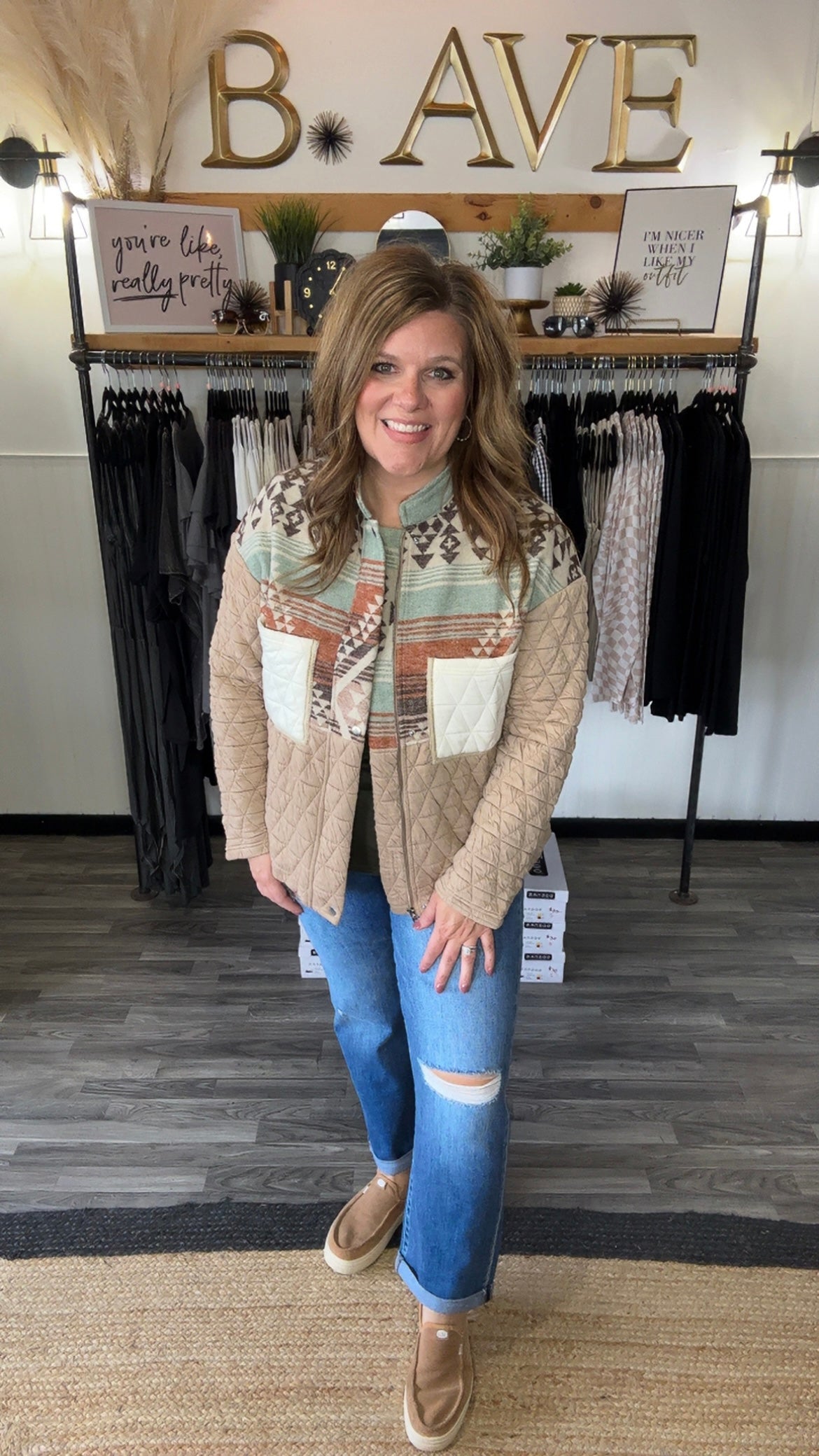 Beige Aztec Quilted Patchwork Jacket