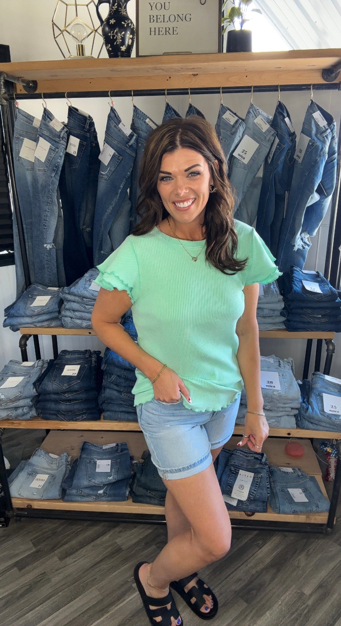 Vintage Mint Ribbed Ruffle Sleeve Top