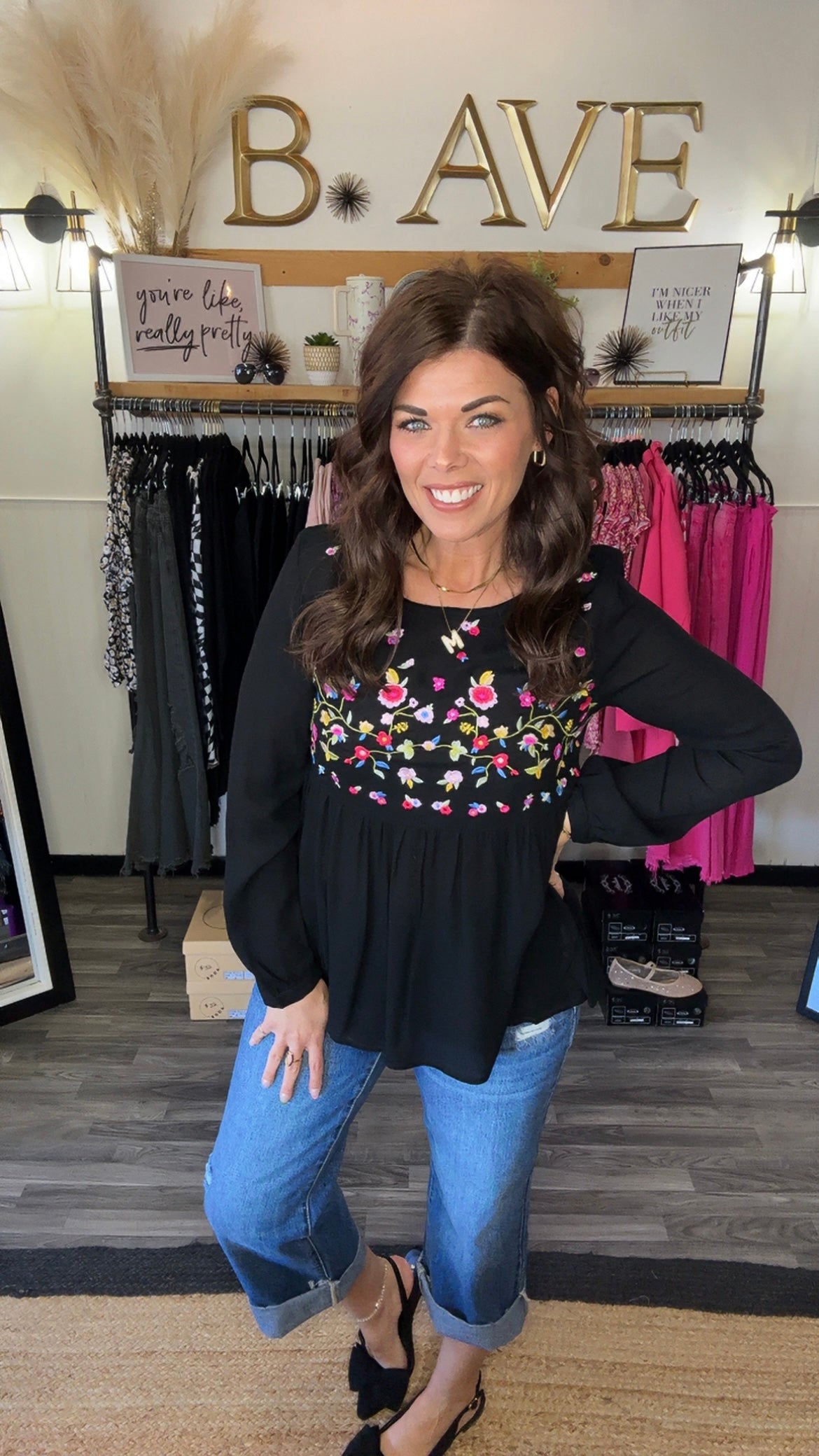 Black Floral Embroidered Babydoll Top