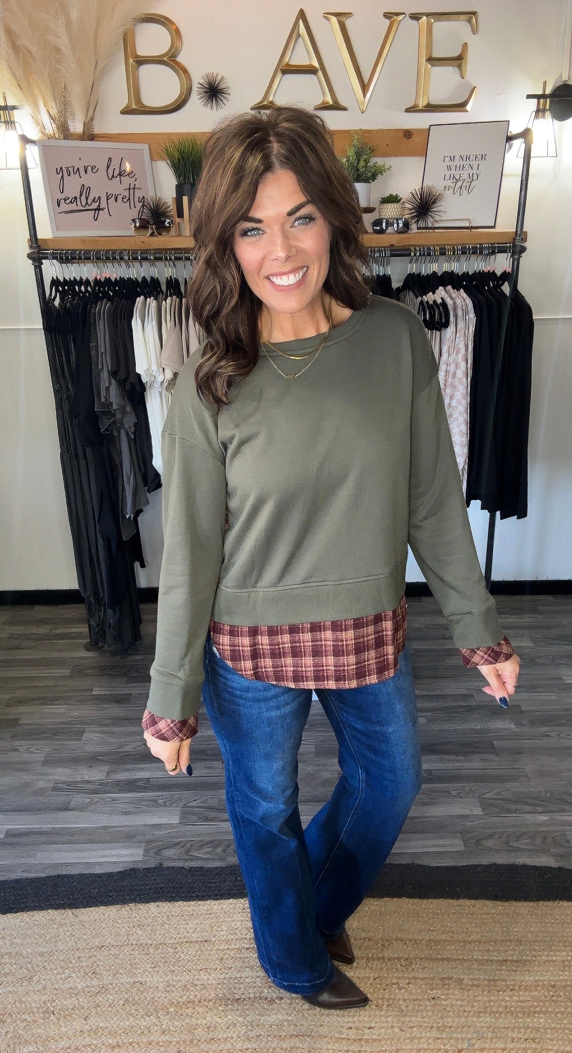 Moss Green Vintage Plaid Patchwork Sweatshirt