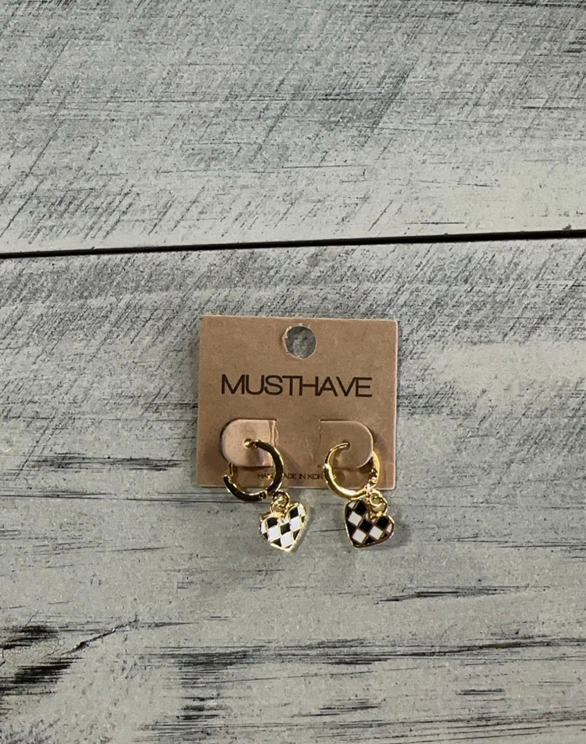 Black & White Checkered Heart Charm Hoop Earrings