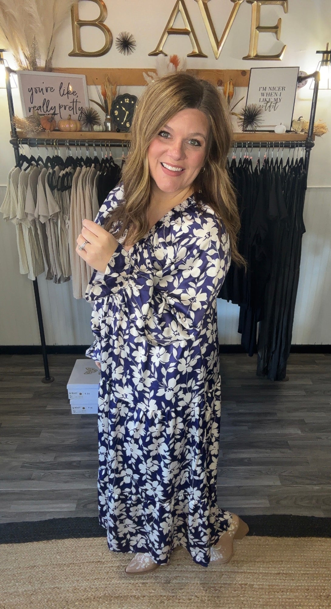 Navy & Ivory Floral Satin Dress