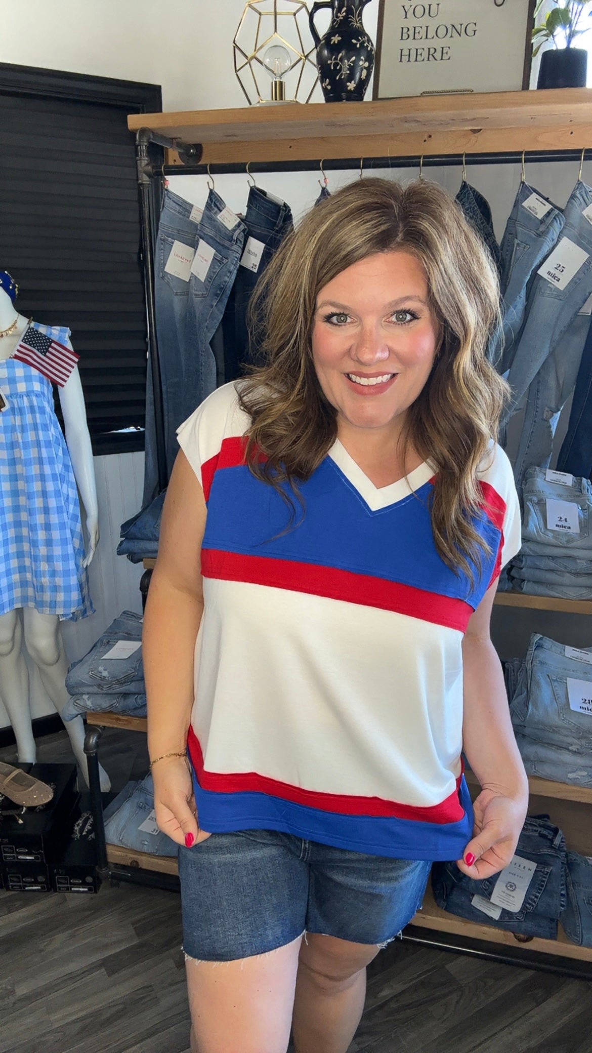 Red, White and Blue Color Block V-Neck Top