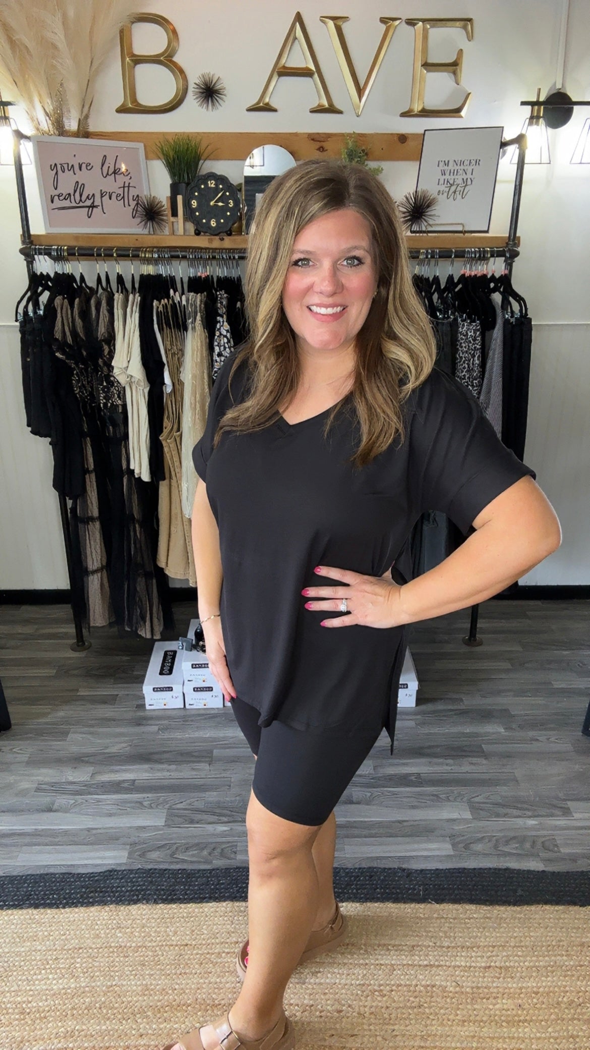 Black Soft Microfiber V-Neck Tee & Biker Shorts Set