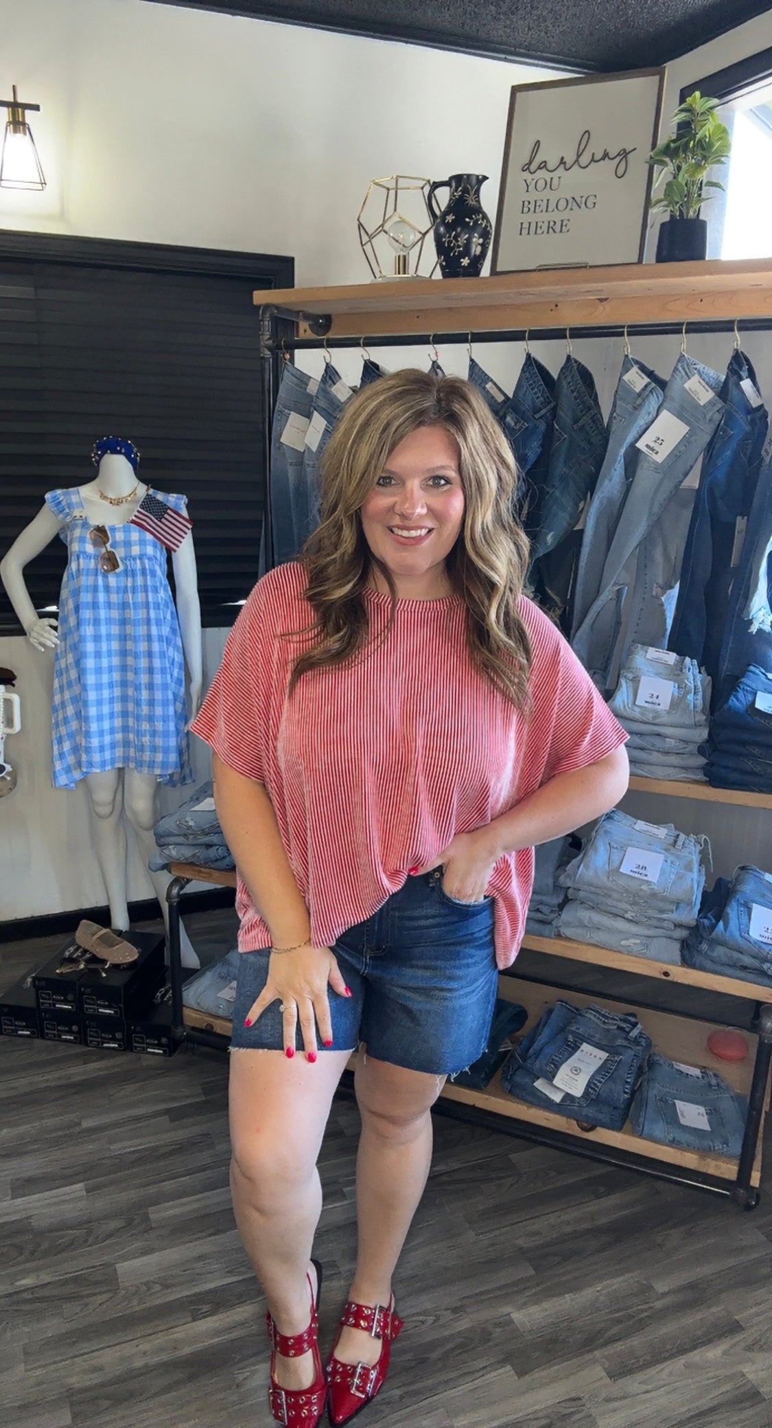 Red Ribbed Stripe Short Sleeve Top