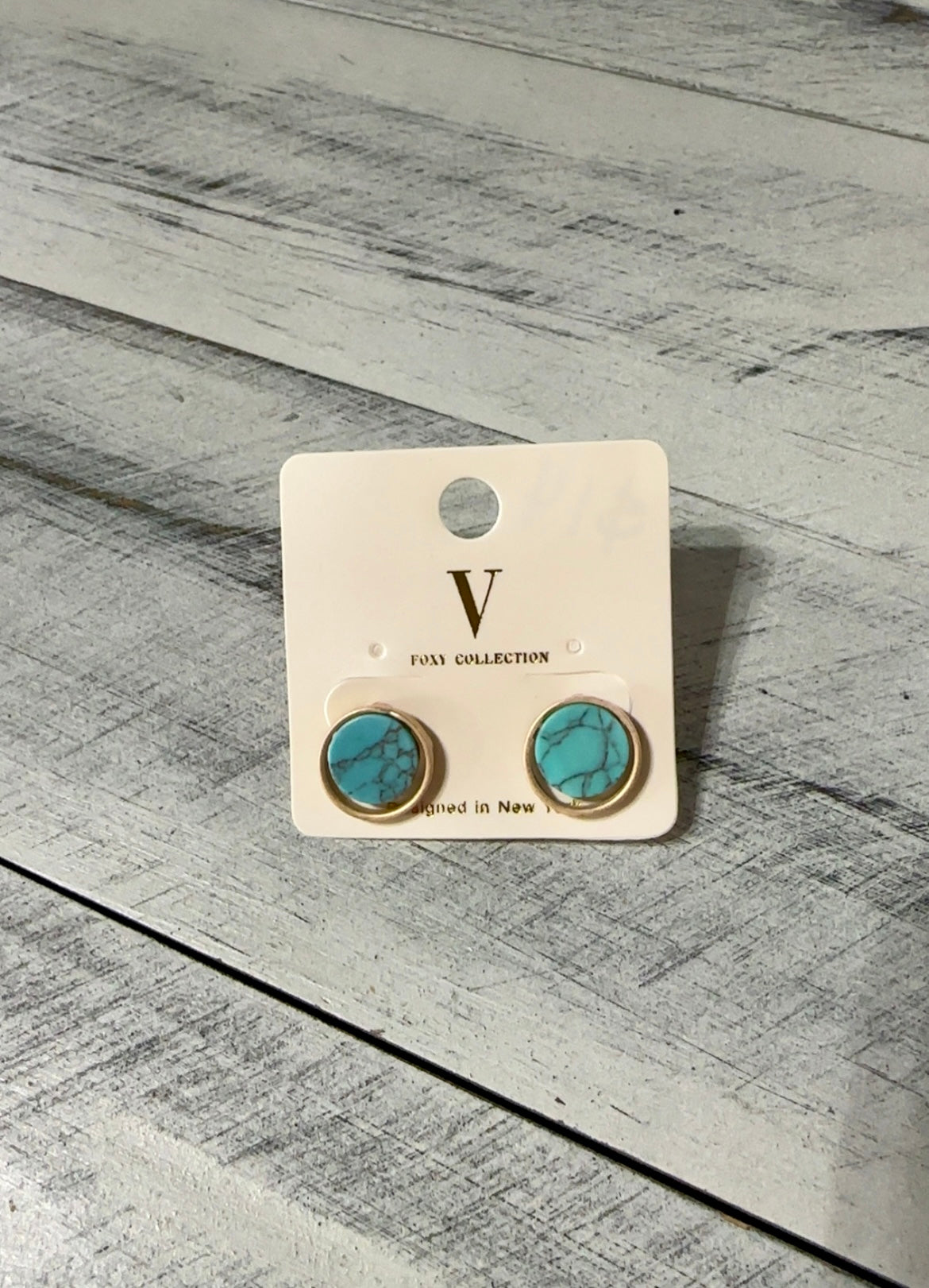 Gold & Turquoise Marble Stone Round Stud Earrings