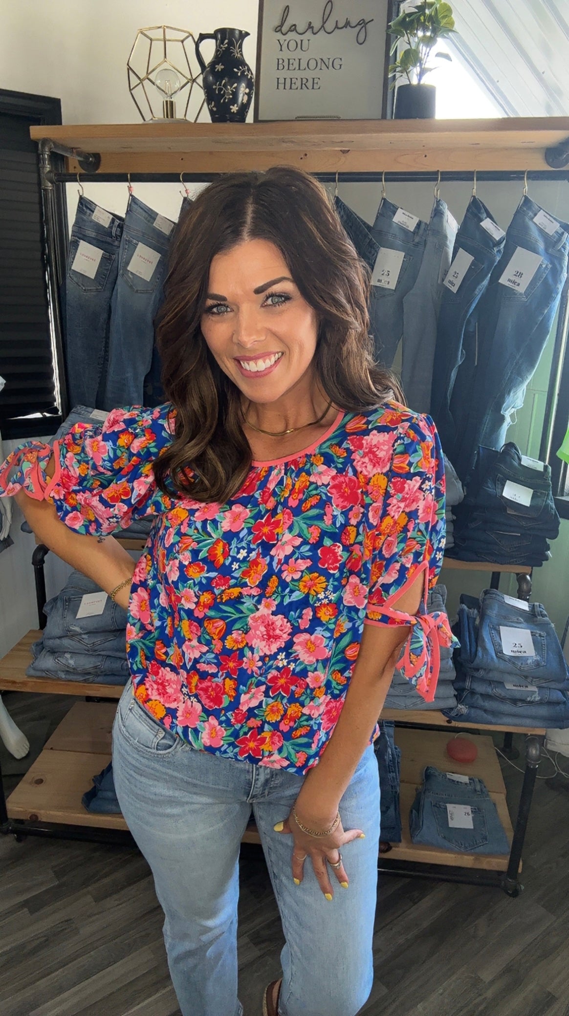 Navy & Coral Floral Print Ribbon Sleeve Top