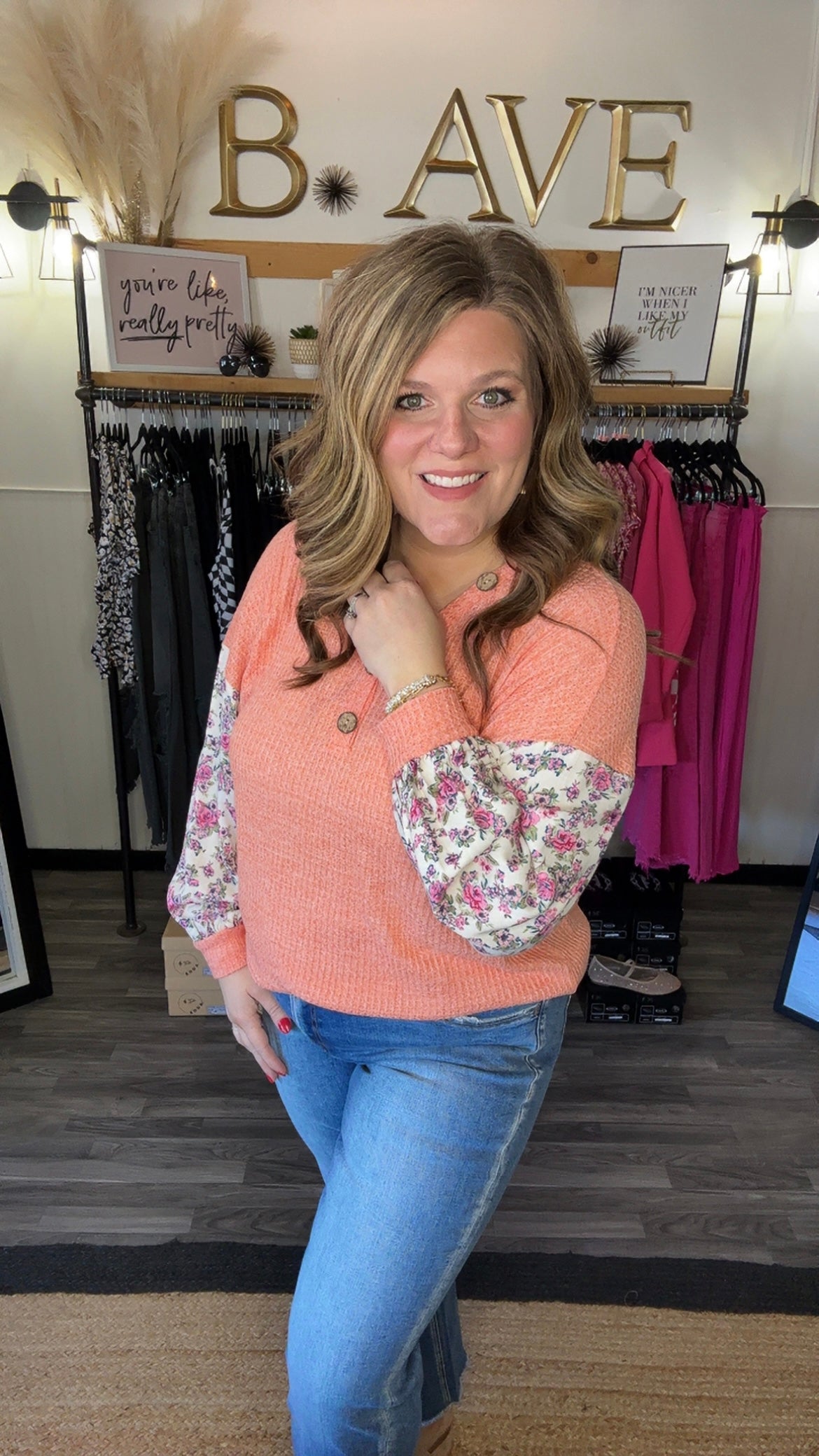 Coral V-Neck Floral Sleeve Waffle Knit Top