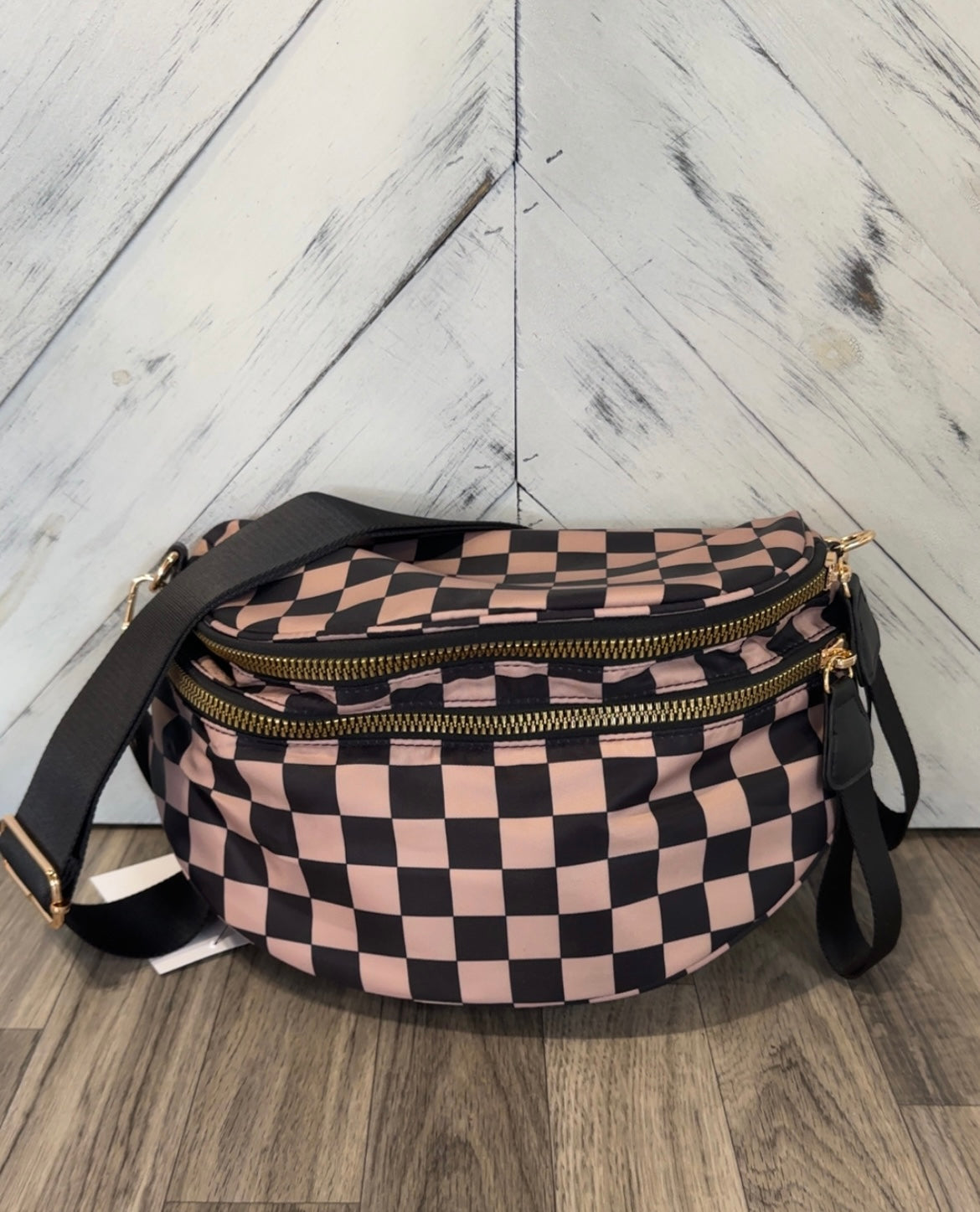 Black & Tan Checkered Double Zip Crossbody Bag