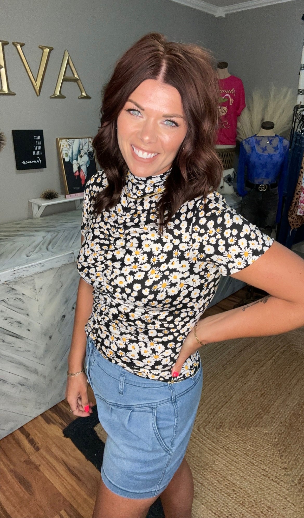 Black Daisy Print Mock Neck Tee