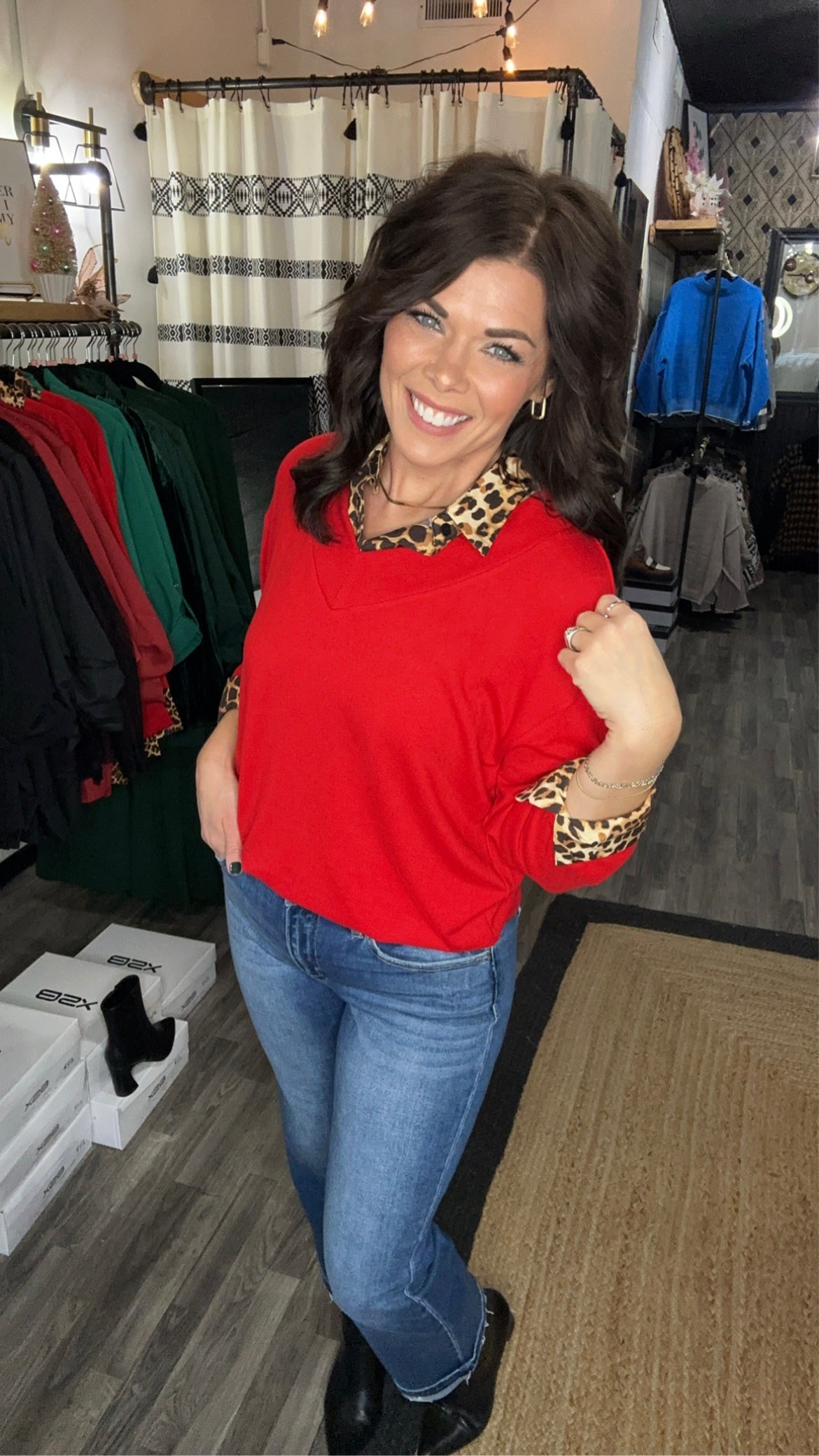 Red & Leopard Print Knit Shirt Dress