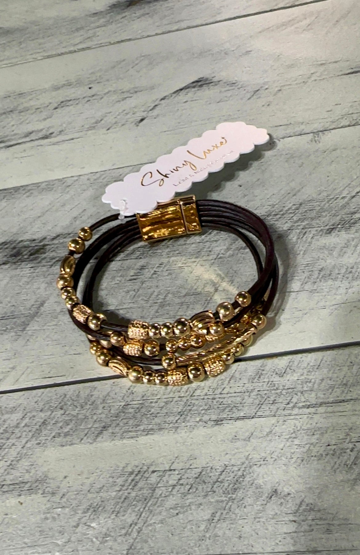 Black Leather & Gold Bead Magnetic Bracelet
