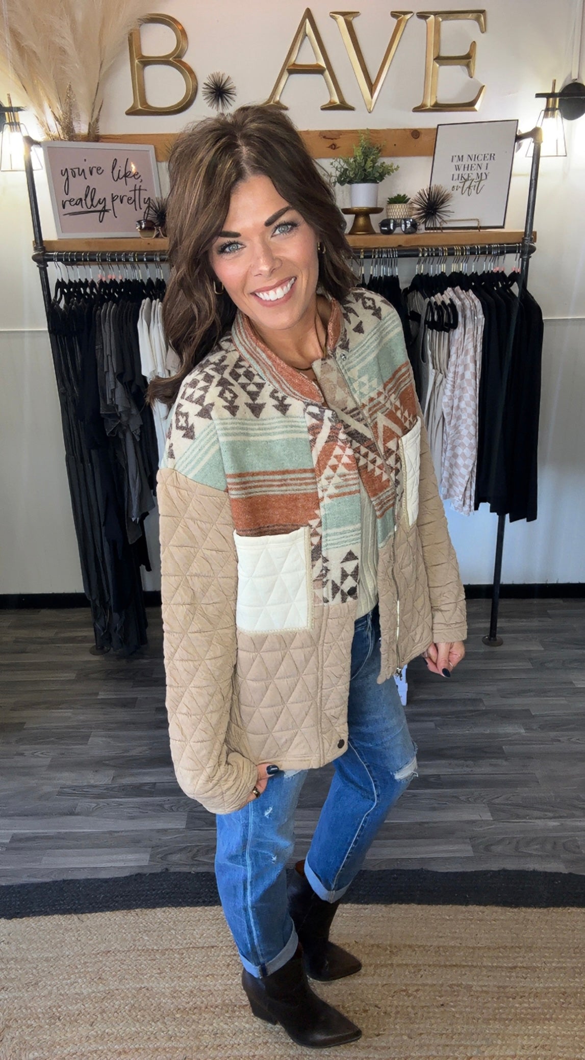 Beige Aztec Quilted Patchwork Jacket