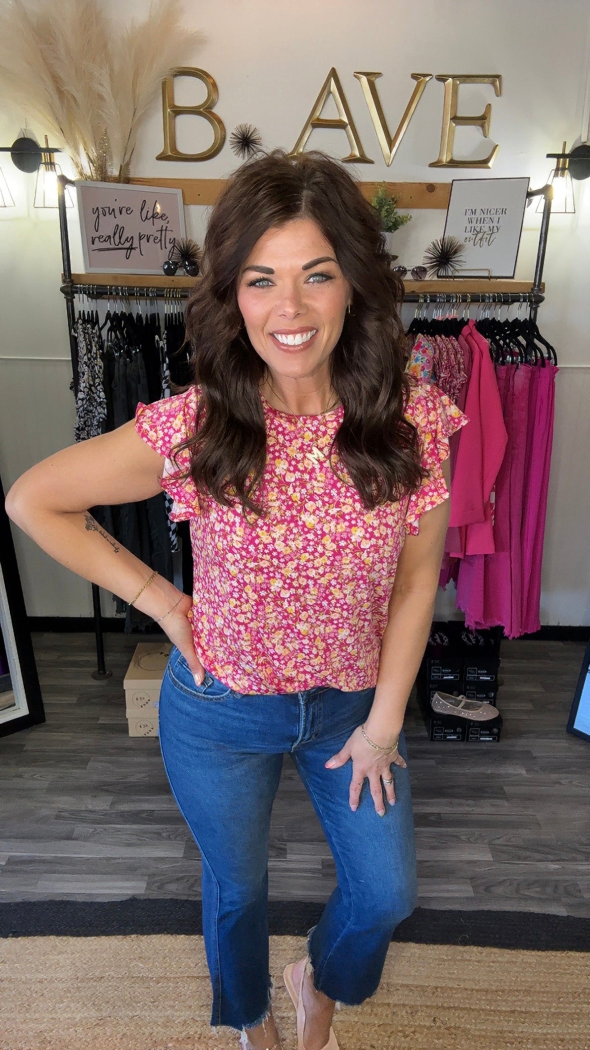 Fuchsia & Yellow Floral Ruffle Sleeve Top