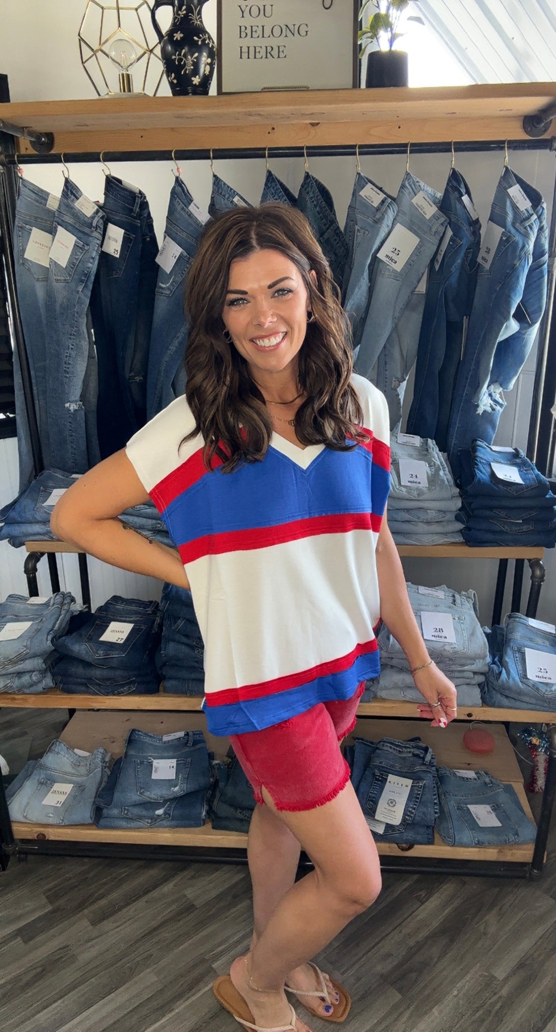 Red, White and Blue Color Block V-Neck Top