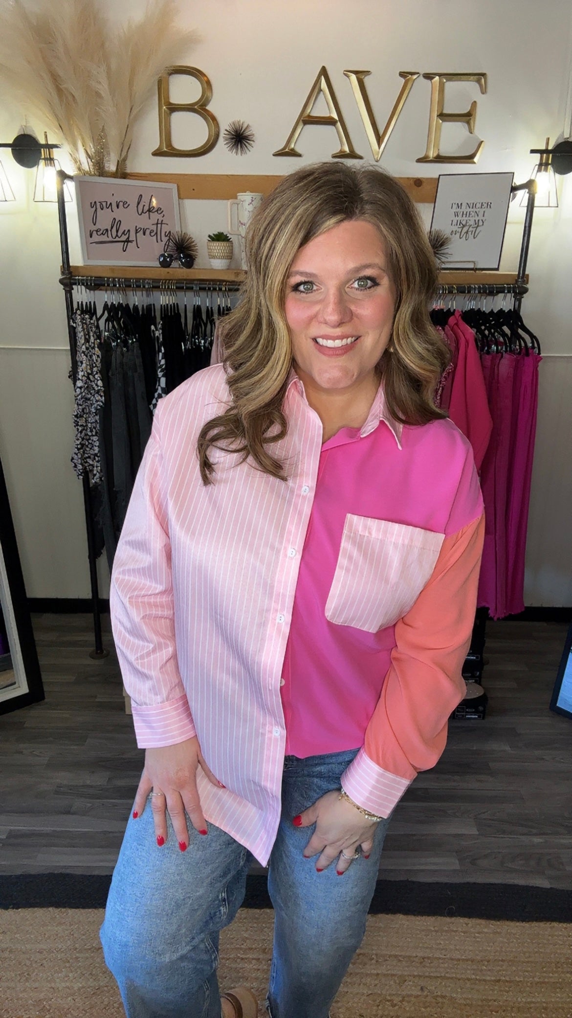 Pink Colorblock & Stripe Button Down Shirt