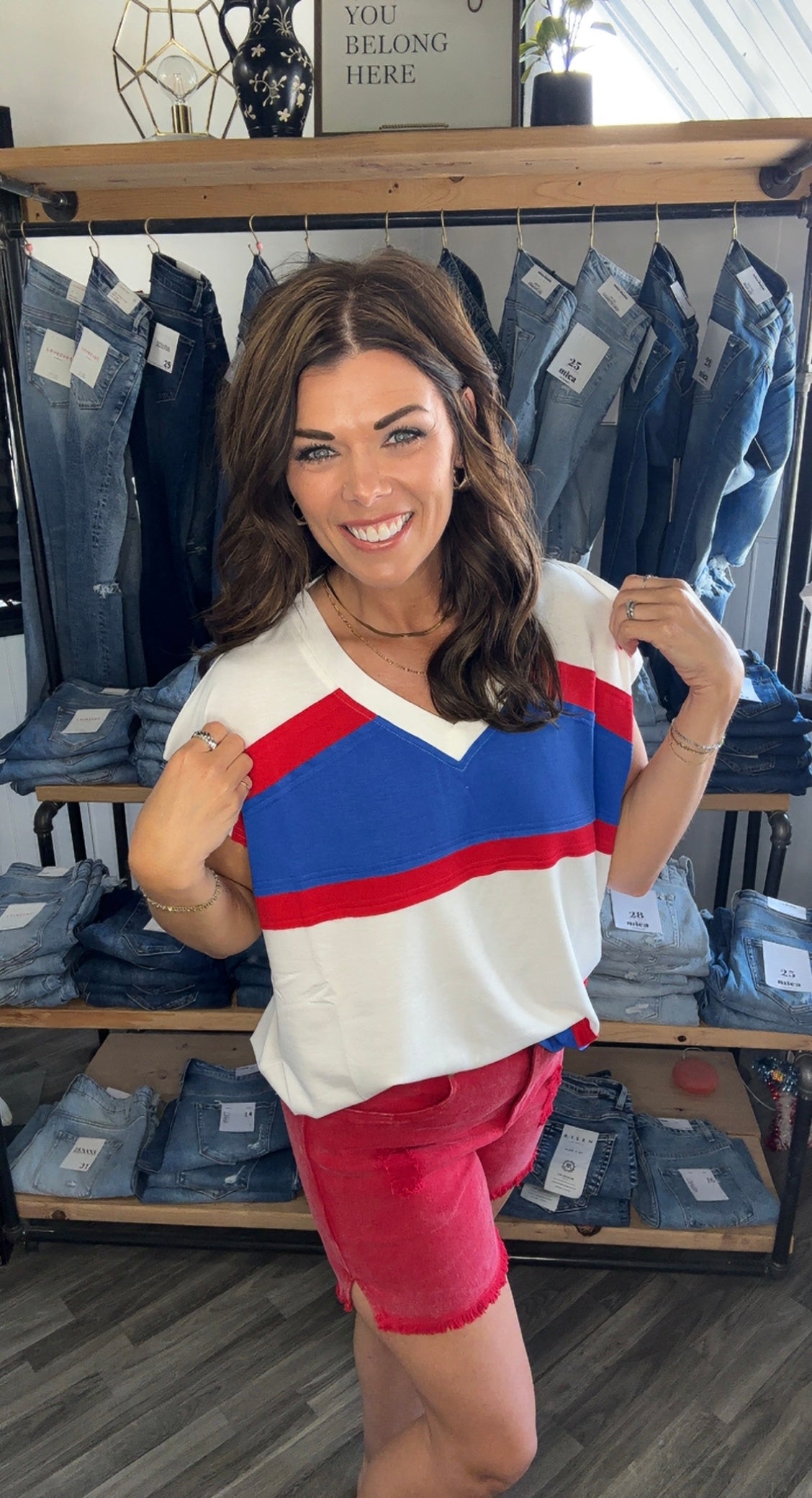 Red, White and Blue Color Block V-Neck Top