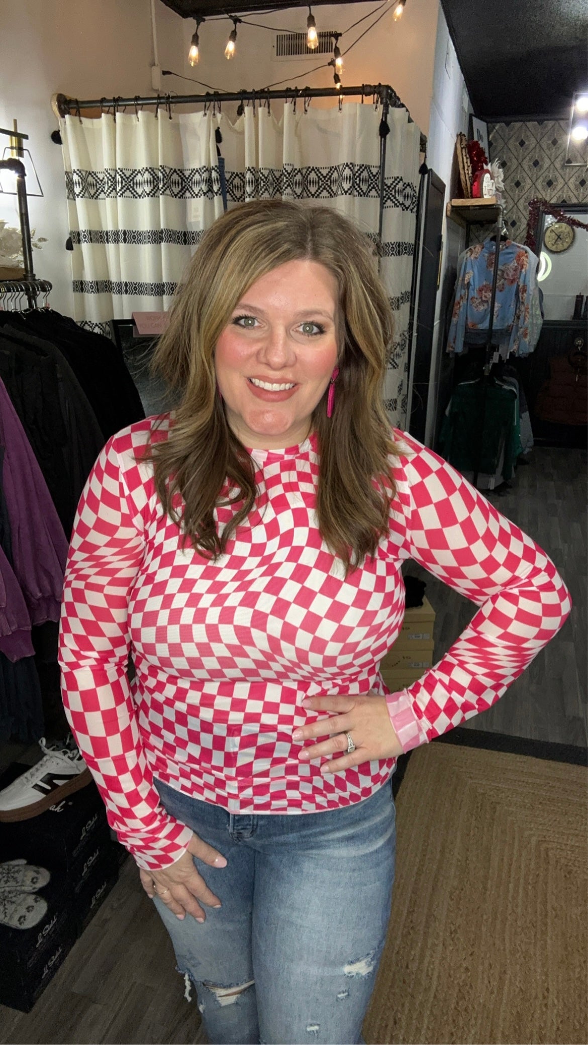 Pink & White Checkered Mesh Top