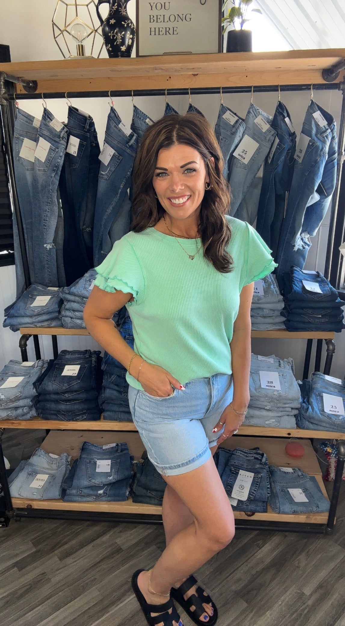 Vintage Mint Ribbed Ruffle Sleeve Top