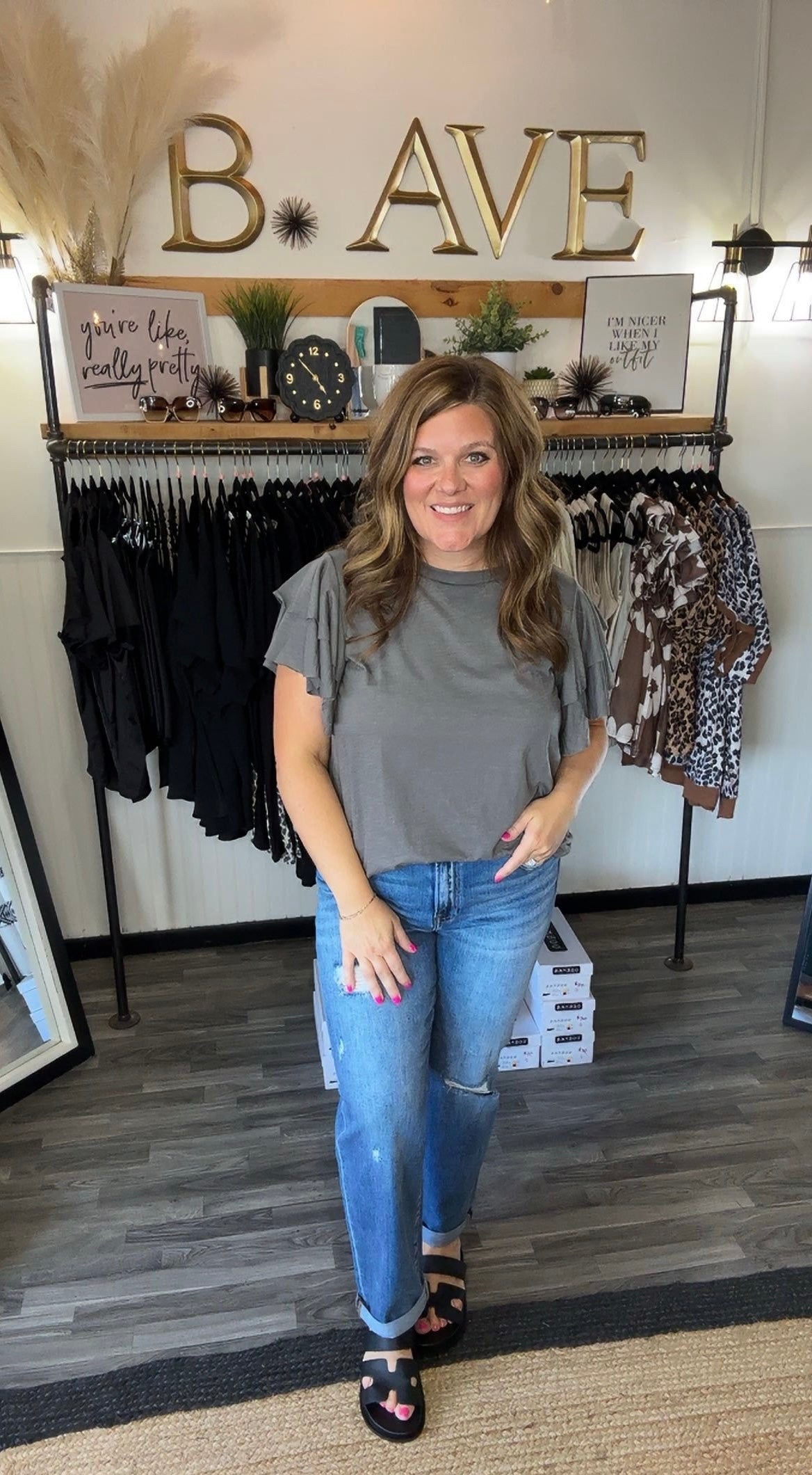 Dark Grey Double Ruffle Sleeve Top