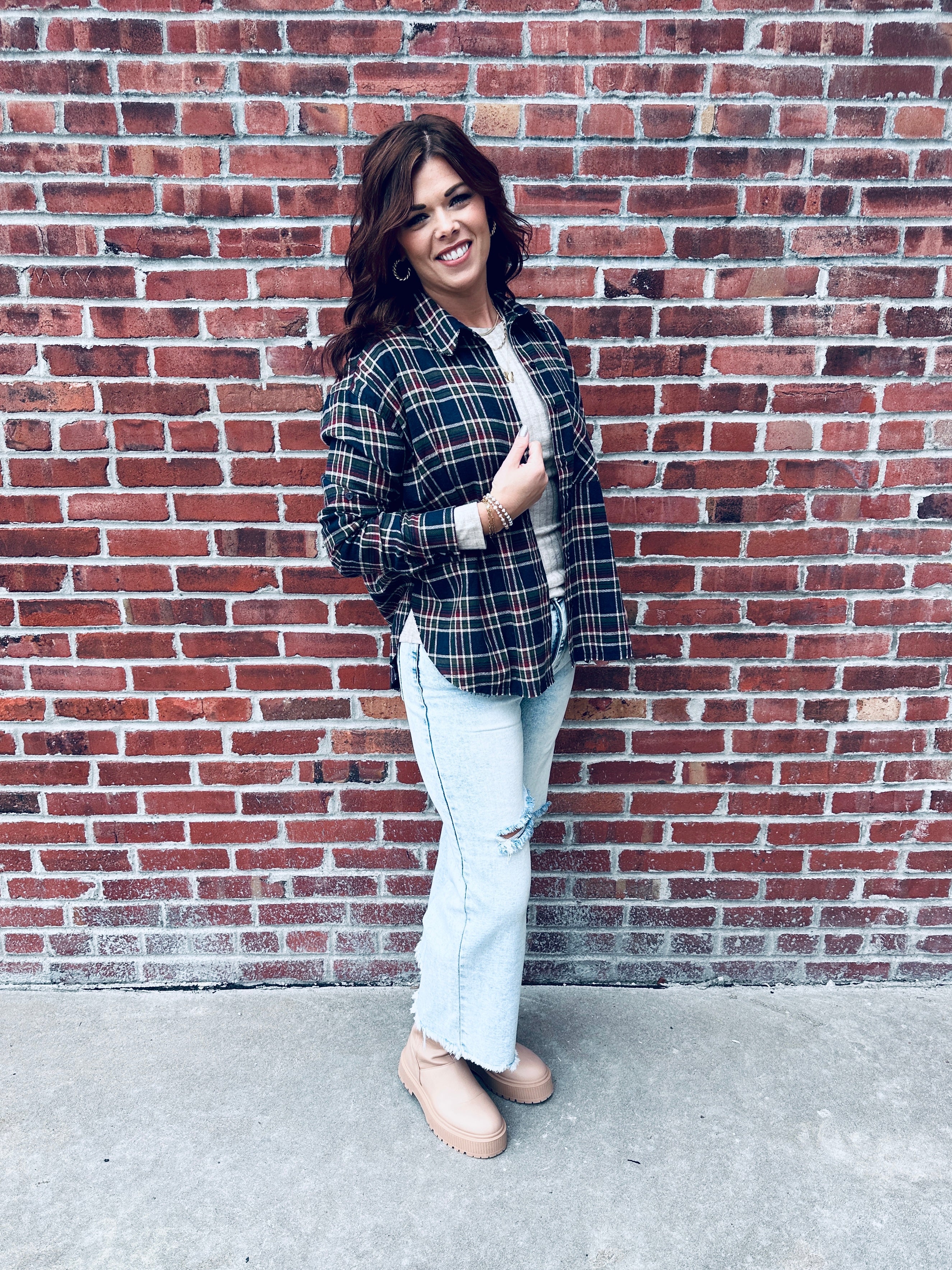 Navy Plaid Button Top