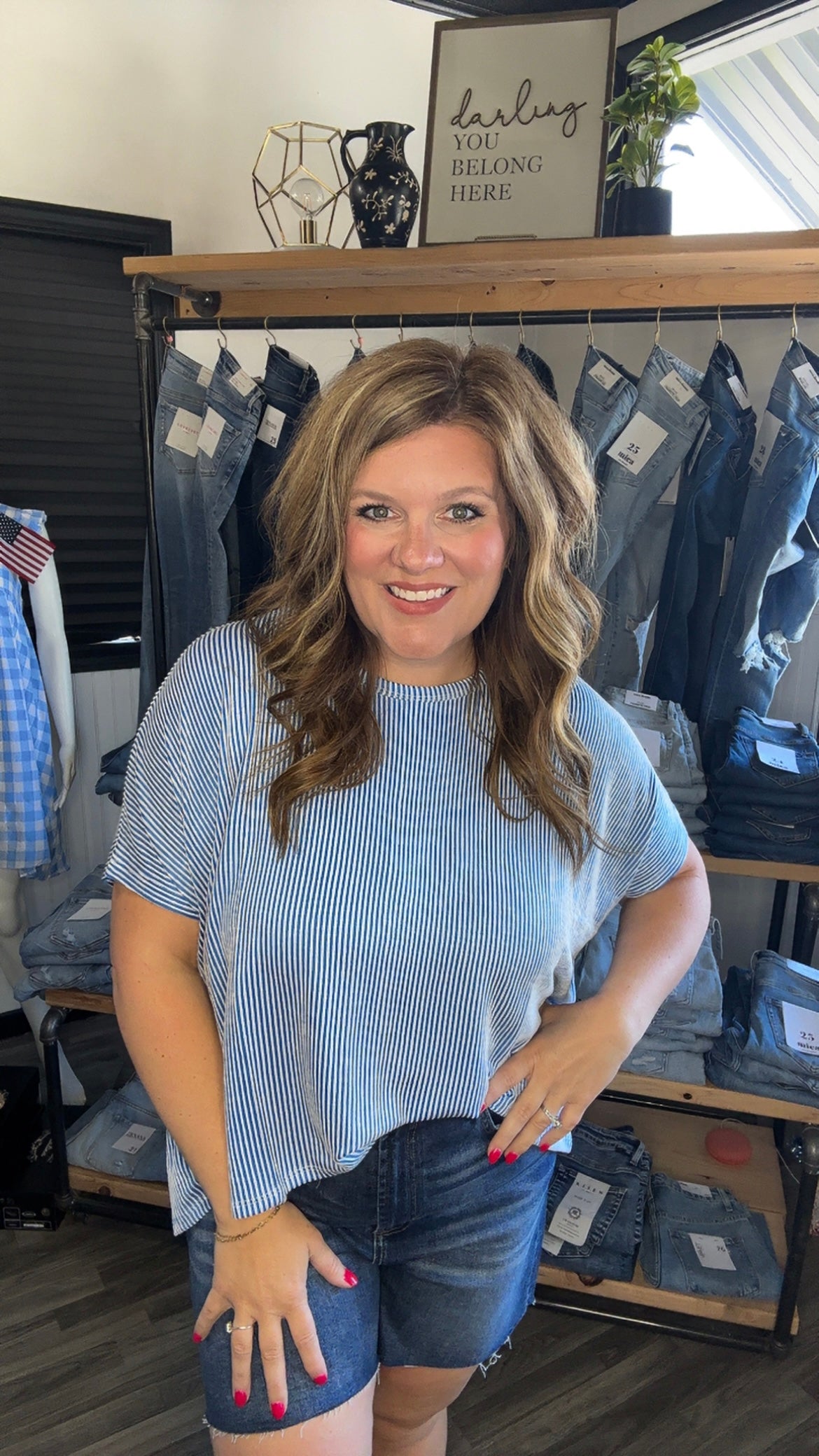 Blue Ribbed Stripe Short Sleeve Top
