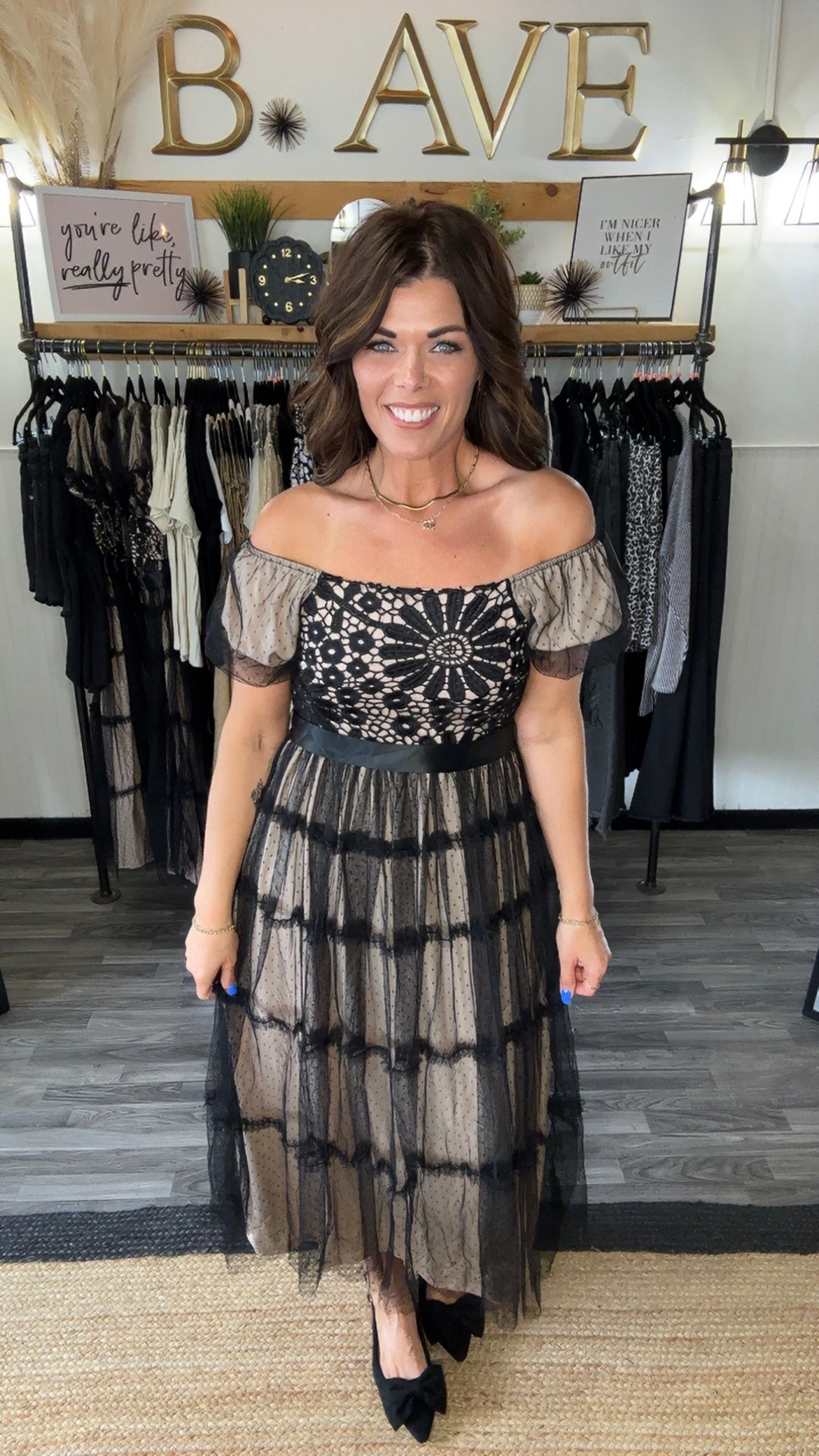 Black & Nude Lace Tiered Dress