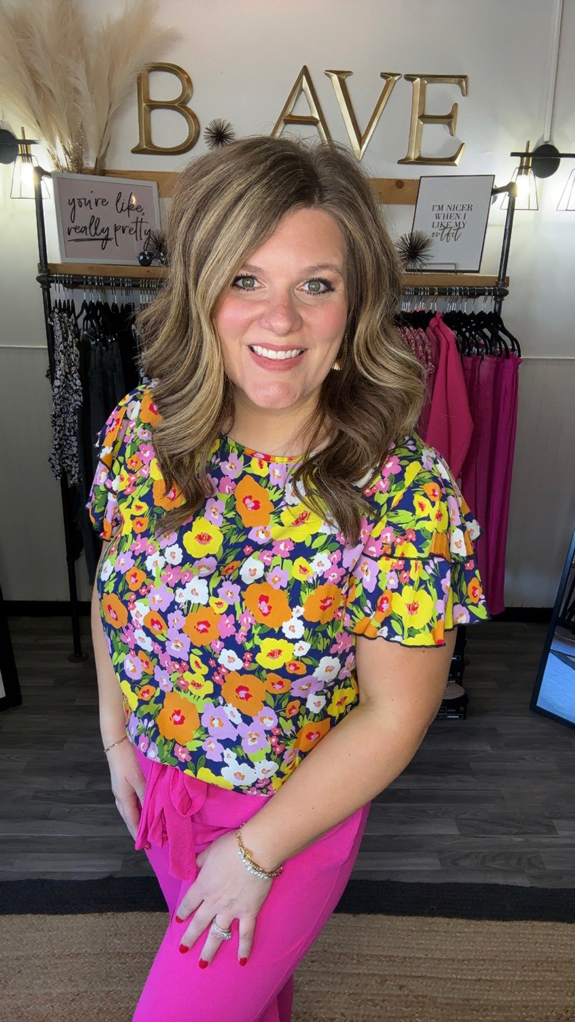 Navy Multi Floral Flutter Sleeve Top
