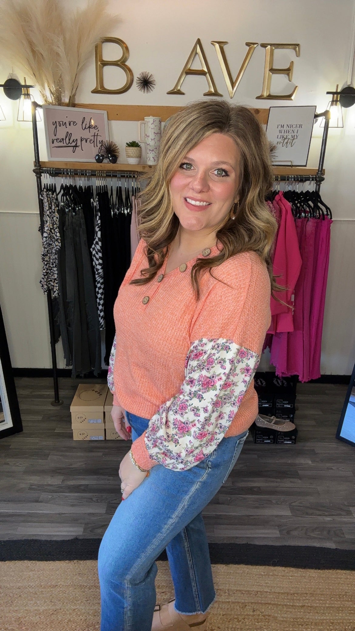 Coral V-Neck Floral Sleeve Waffle Knit Top
