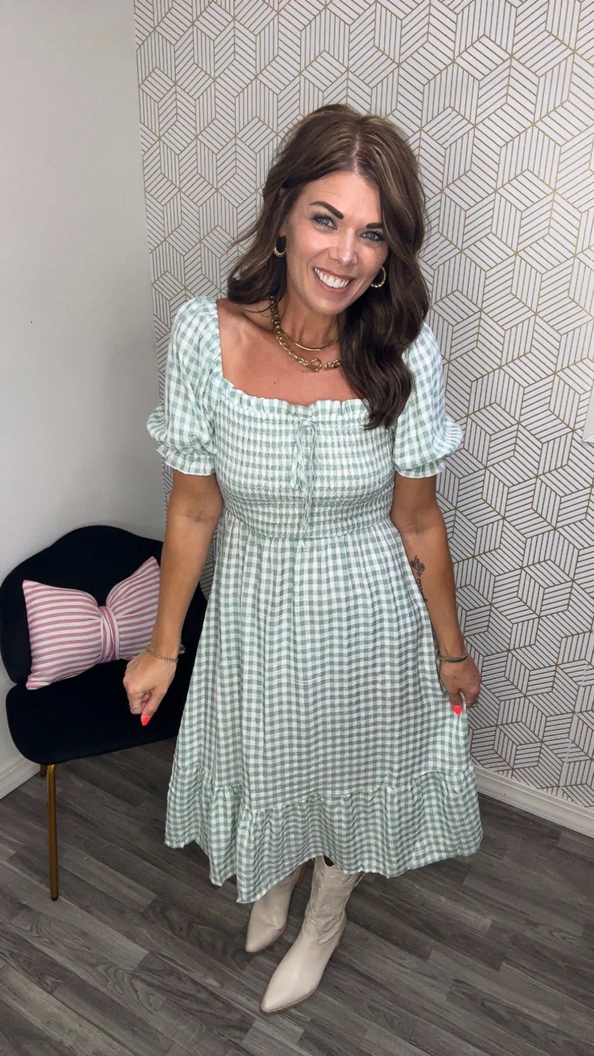 Sage Gingham Midi Dress