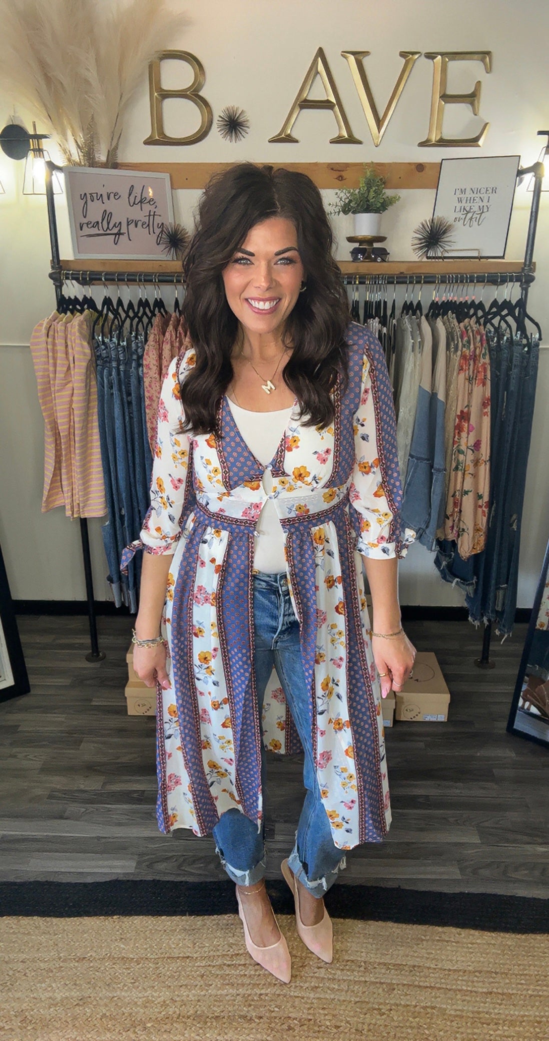Ivory & Blue Floral Stripe Kimono Top