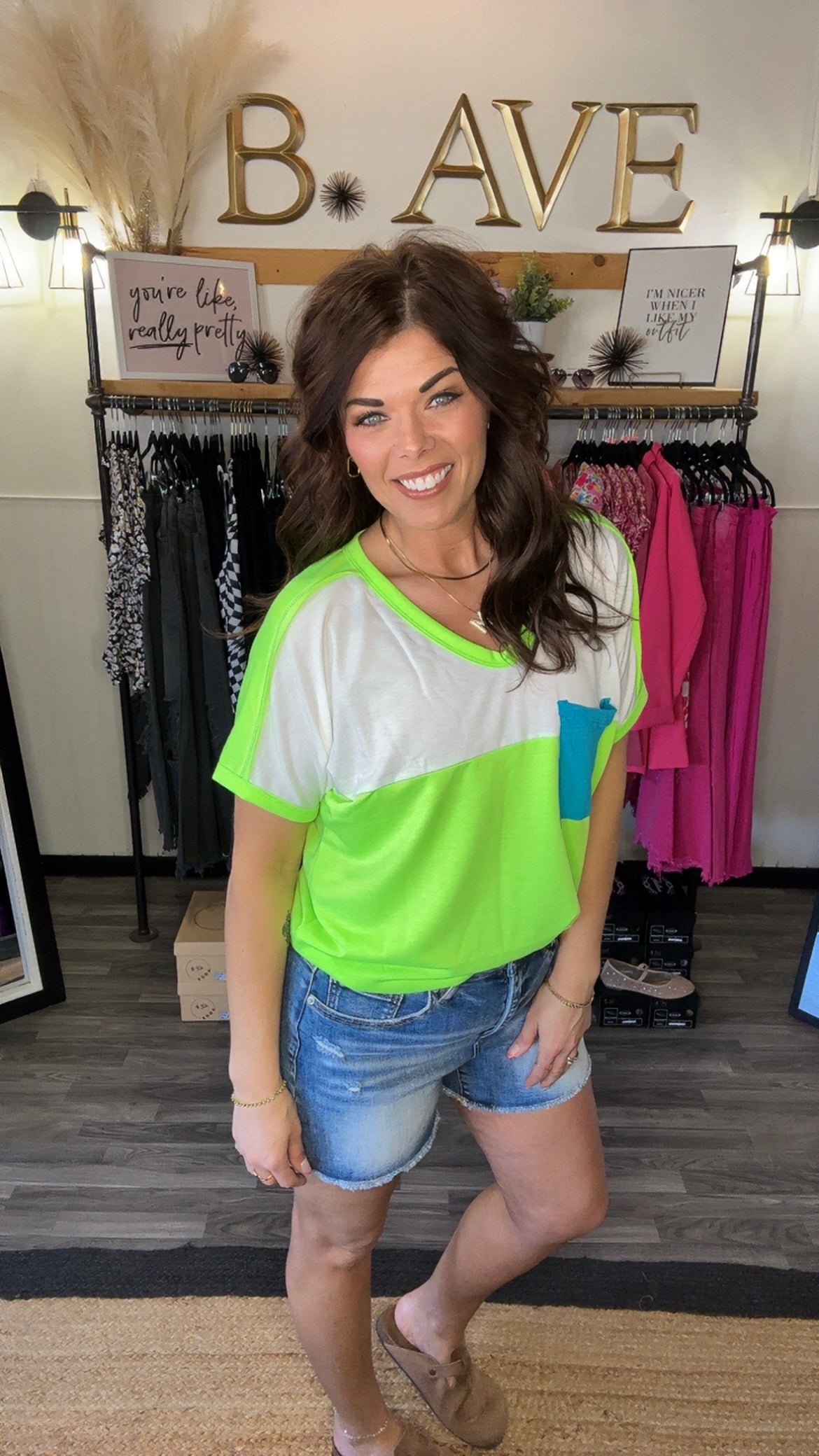Neon Green & White Contrast Pocket Top