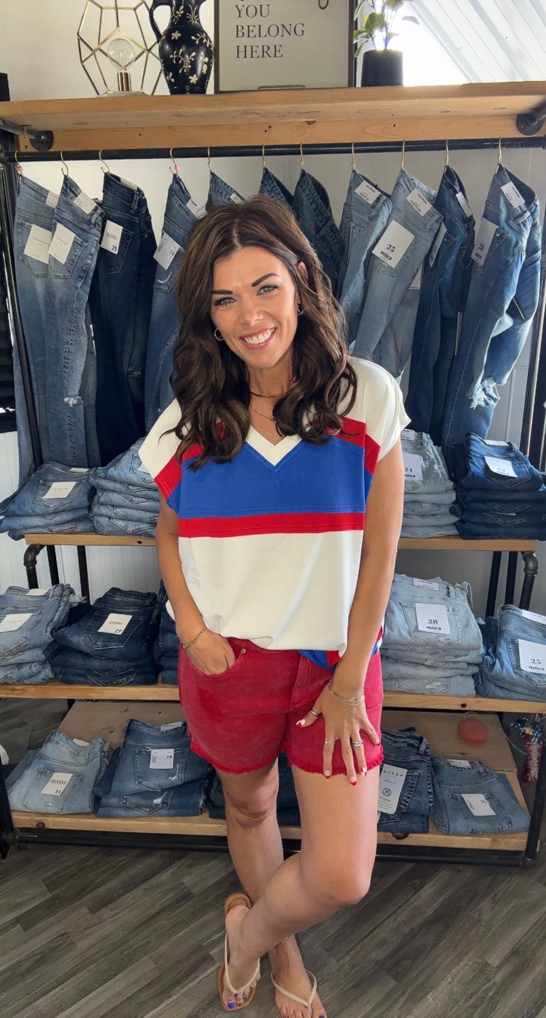 Red, White and Blue Color Block V-Neck Top