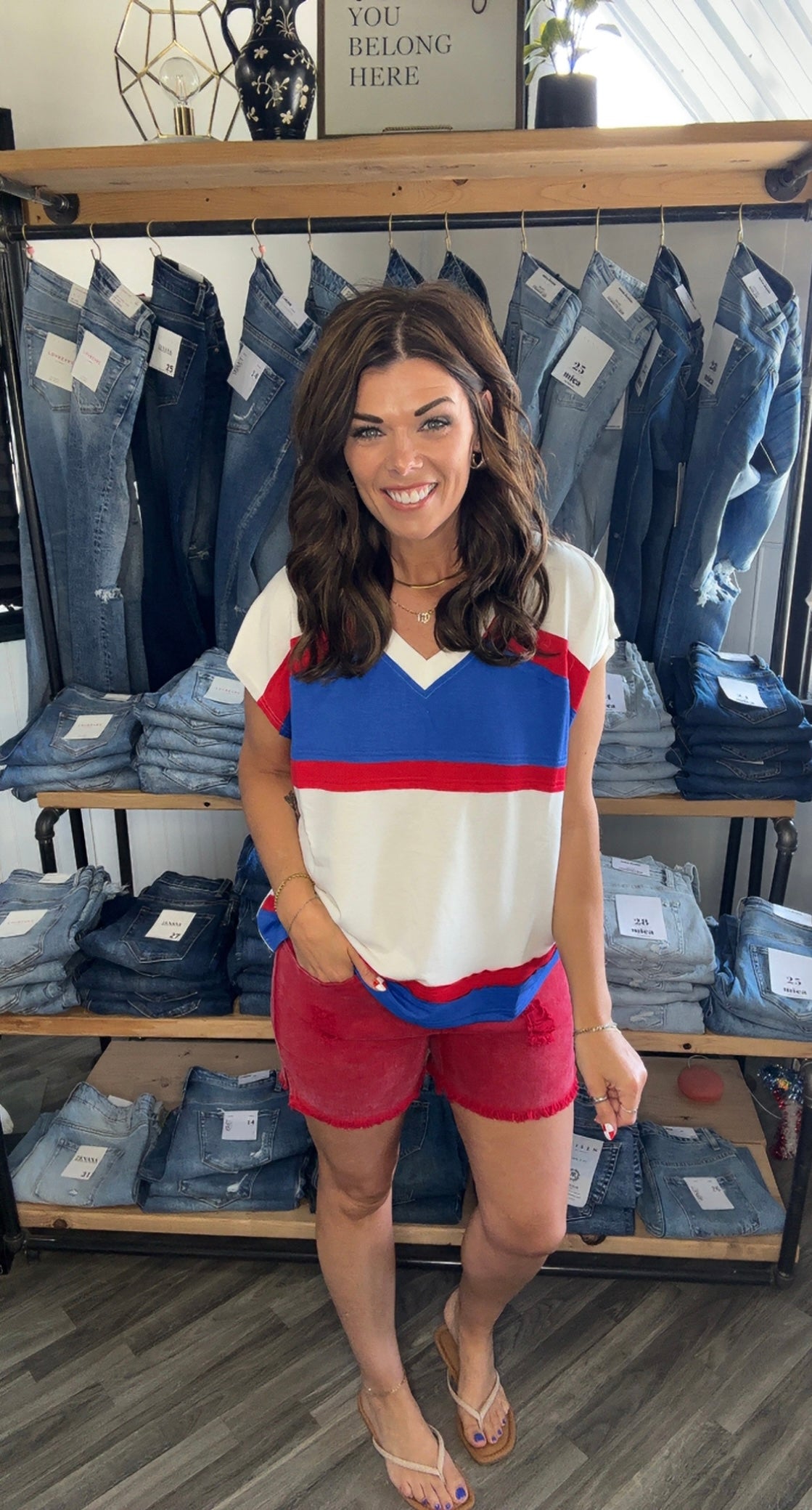 Red, White and Blue Color Block V-Neck Top