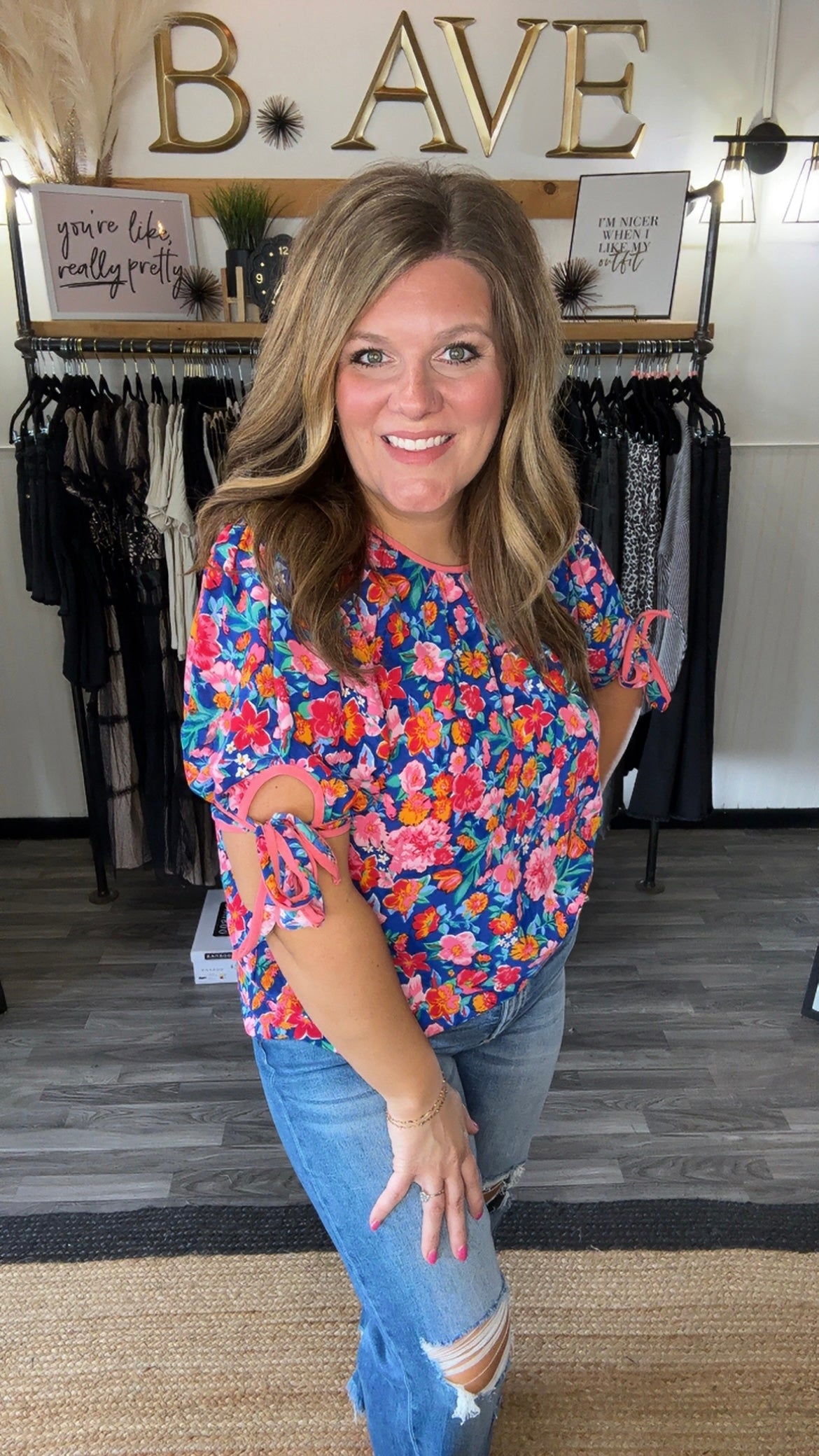 Navy & Coral Floral Print Ribbon Sleeve Top