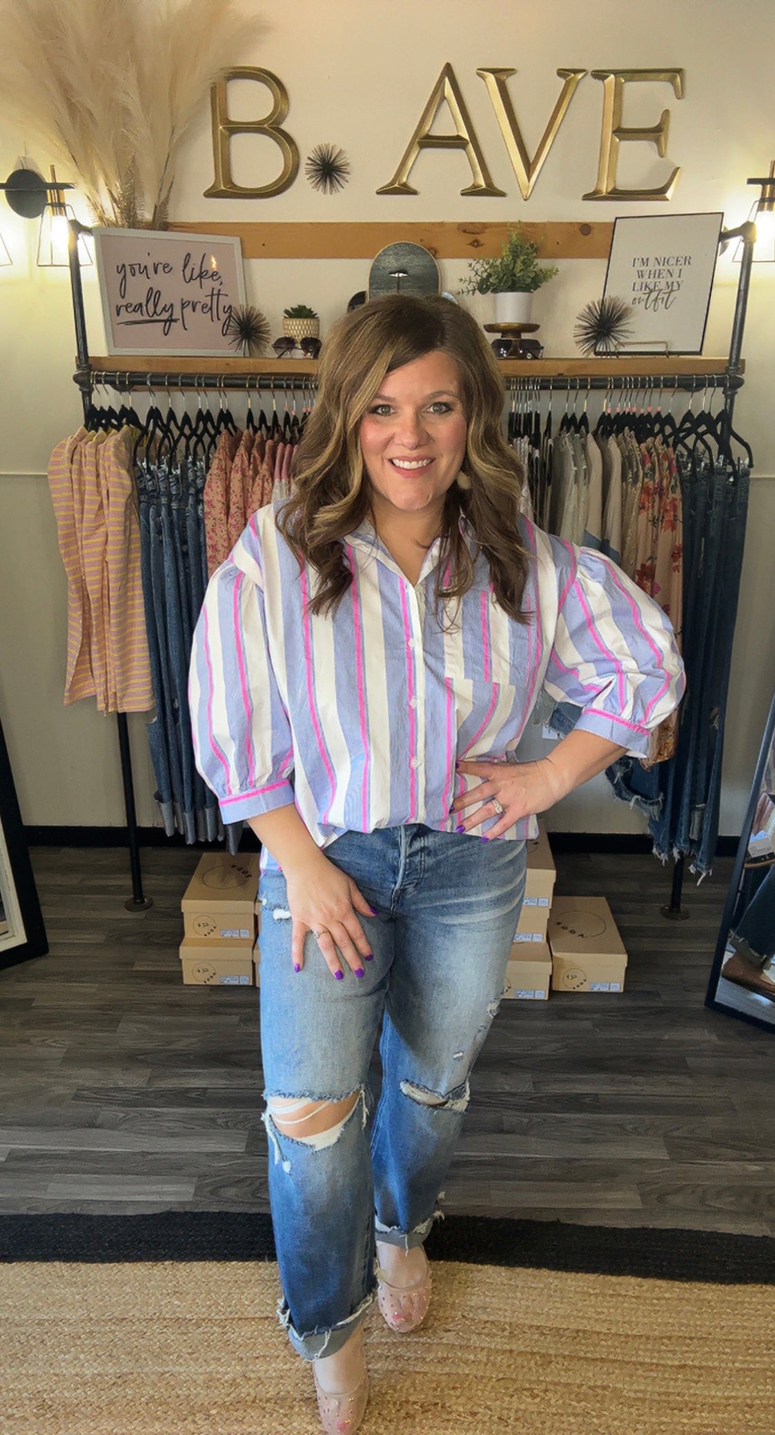 Pink & Blue Multi Stripe Button Down Top