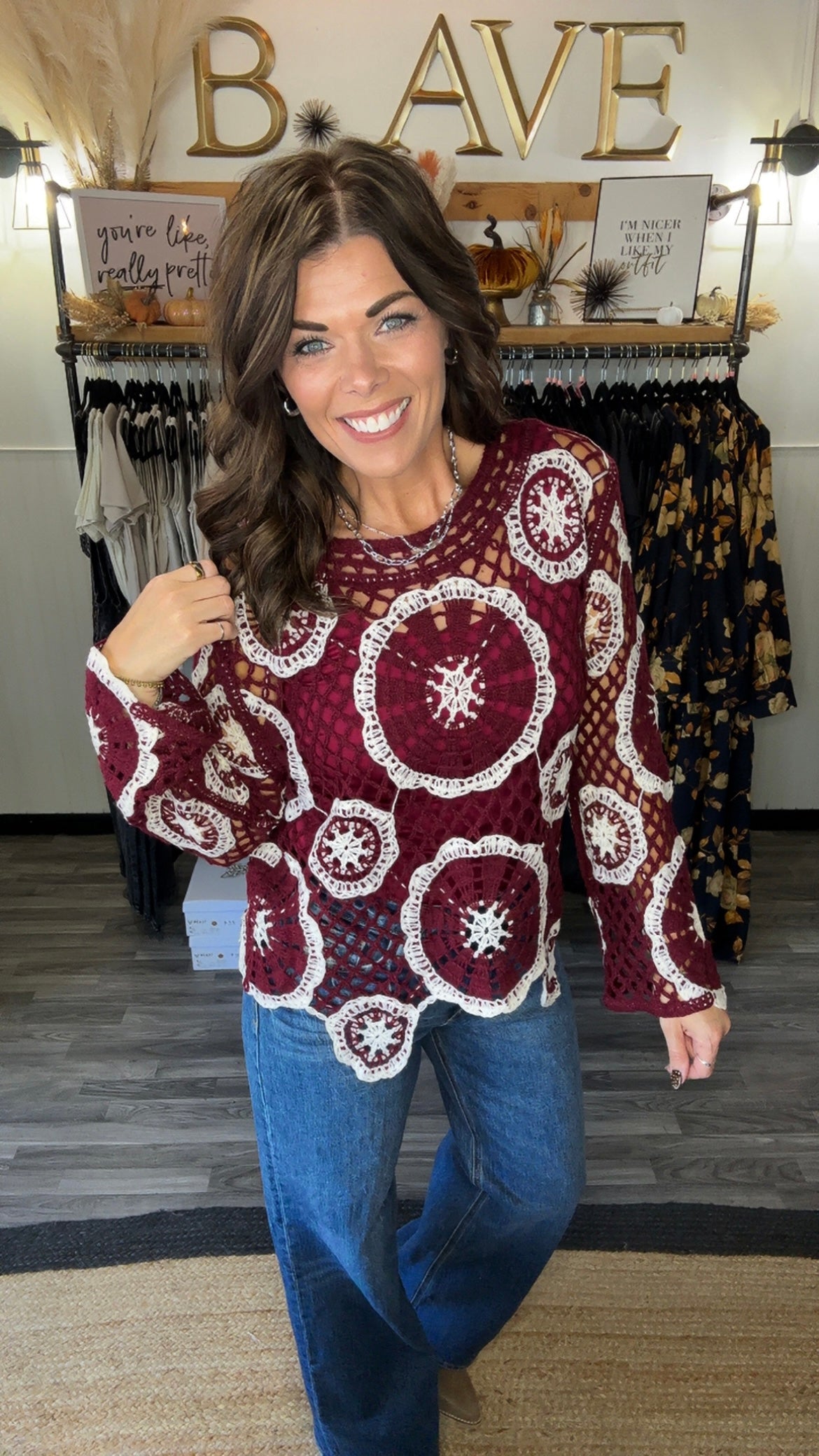 Wine Medallion Crochet Sweater