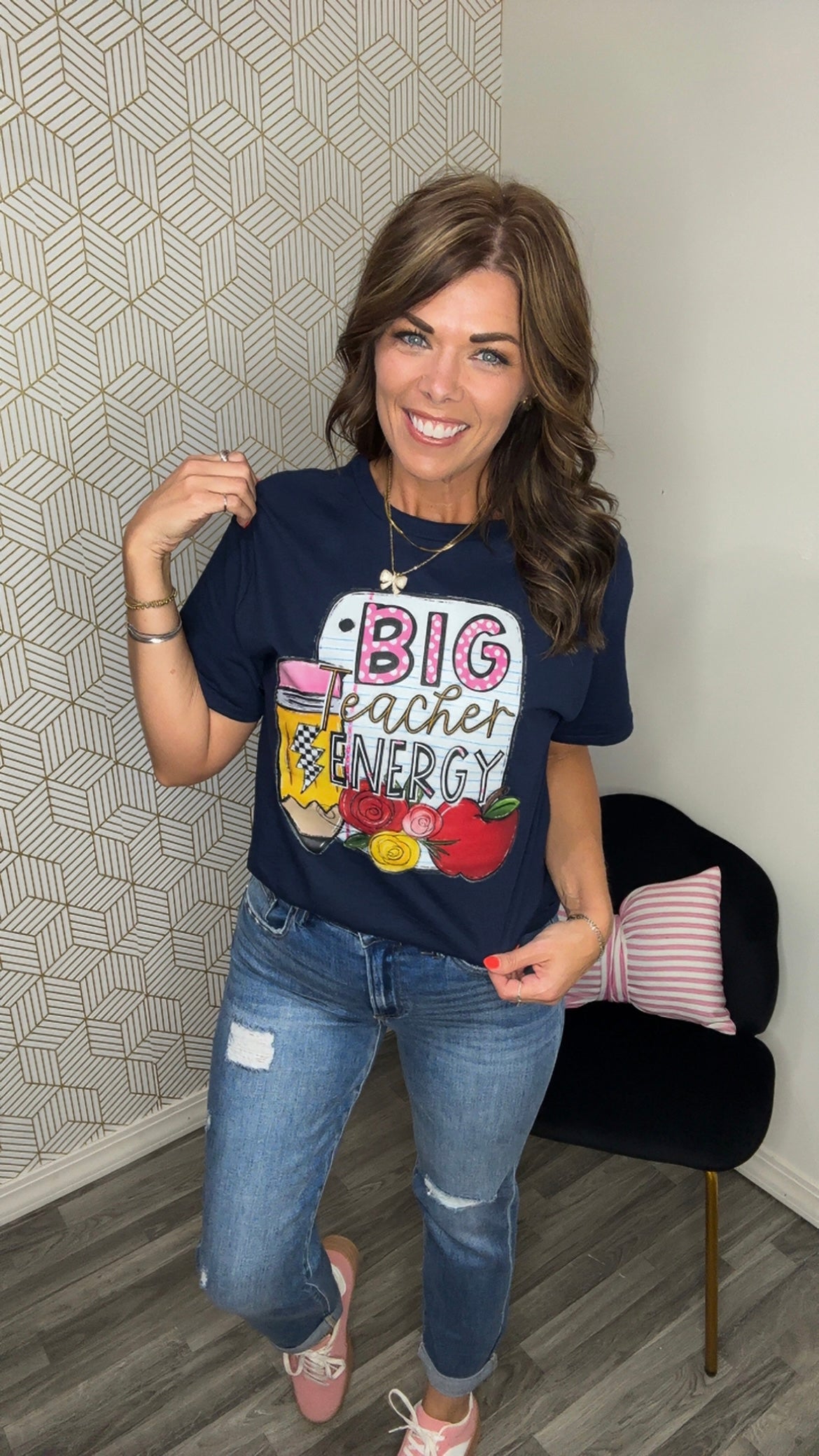 Navy Blue Big Teacher Energy Graphic Tee