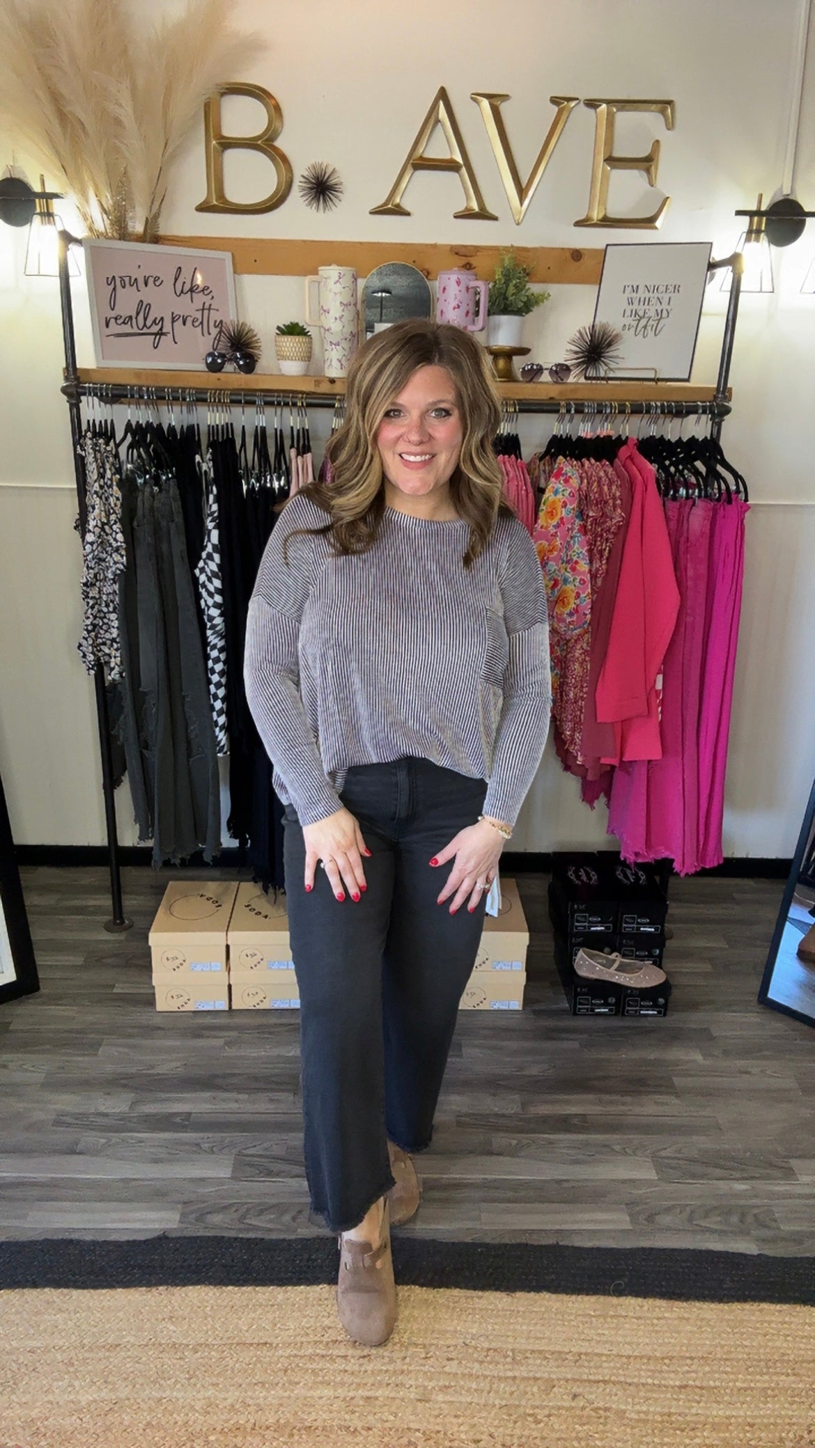 Black Ribbed Striped Long Sleeve Top