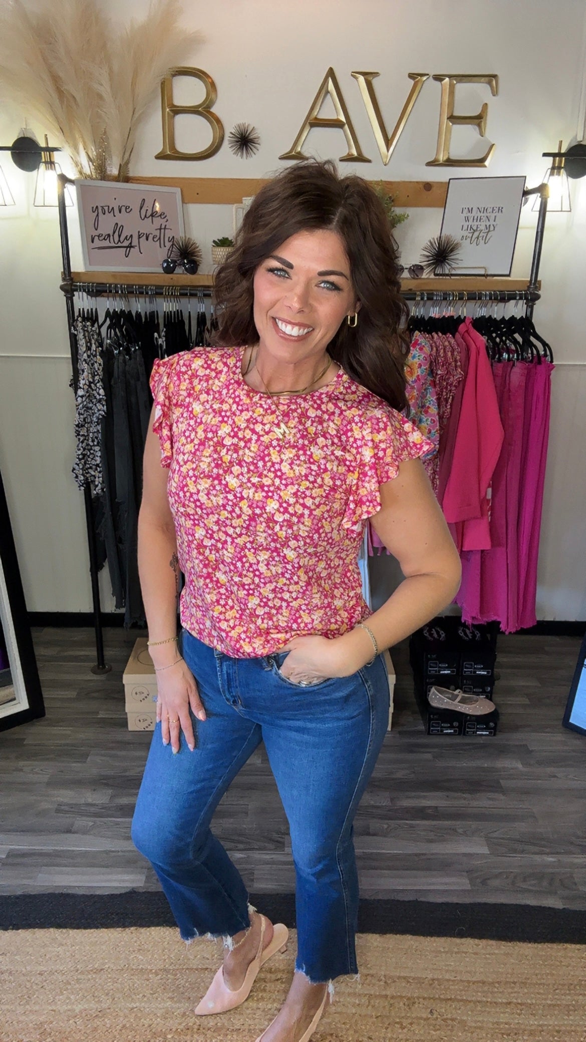 Fuchsia & Yellow Floral Ruffle Sleeve Top