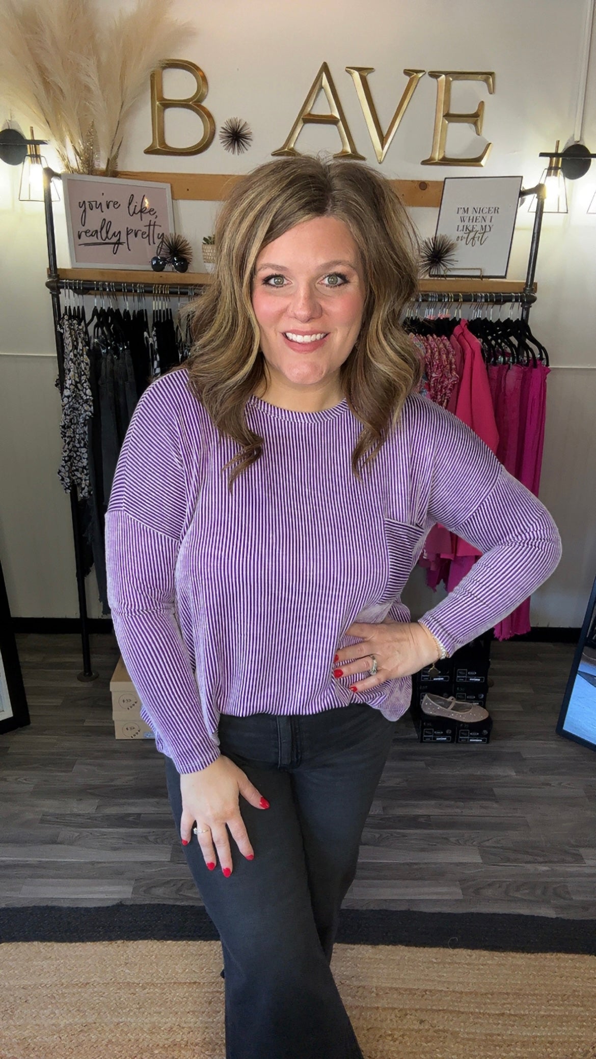 Violet Ribbed Striped Long Sleeve Top